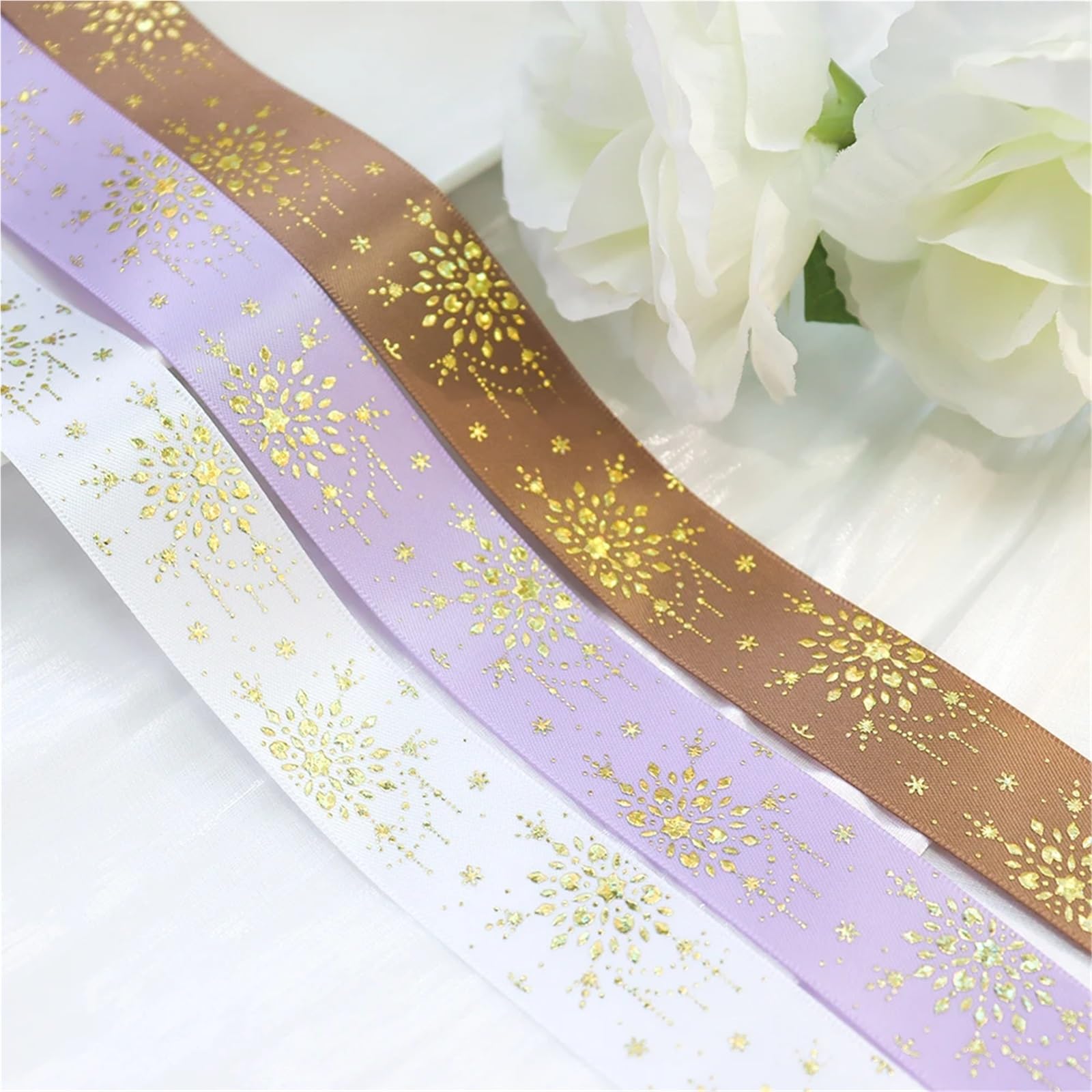 Satinband 1'' 25mm Laser Gold Folie Schneeflocke Gedruckt Satin Band for Party Dekoration Verpackung DIY Nähen Zubehör(Color-01,100Yards)