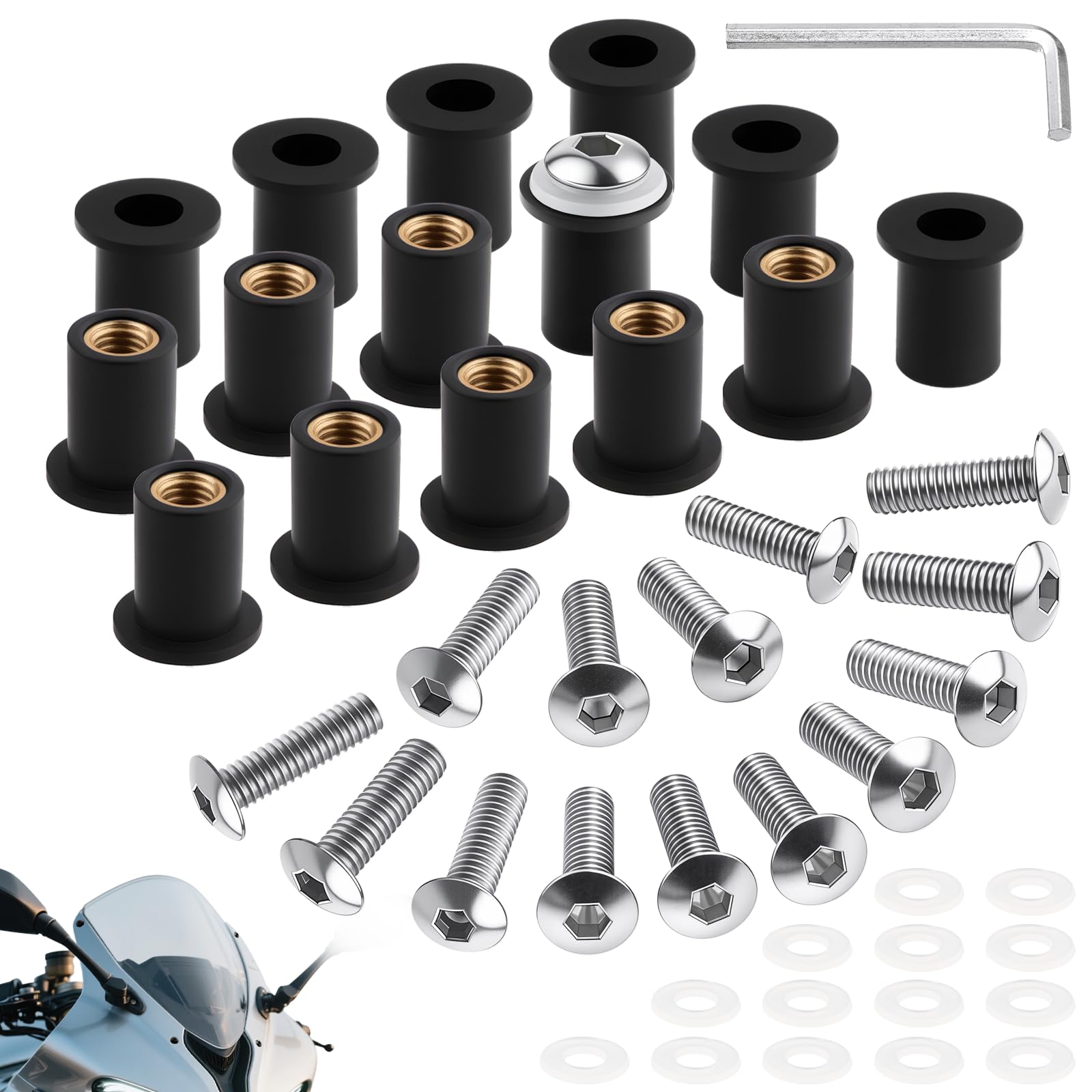 TXXATX 15 Stück Motorrad Windschild Befestigung Schrauben M5x16 mm Verkleidungsschrauben Motorrad Silber Windschild Schrauben M5 mit Schlüssel für Befestigung und Unterstützung Windschutzscheibe