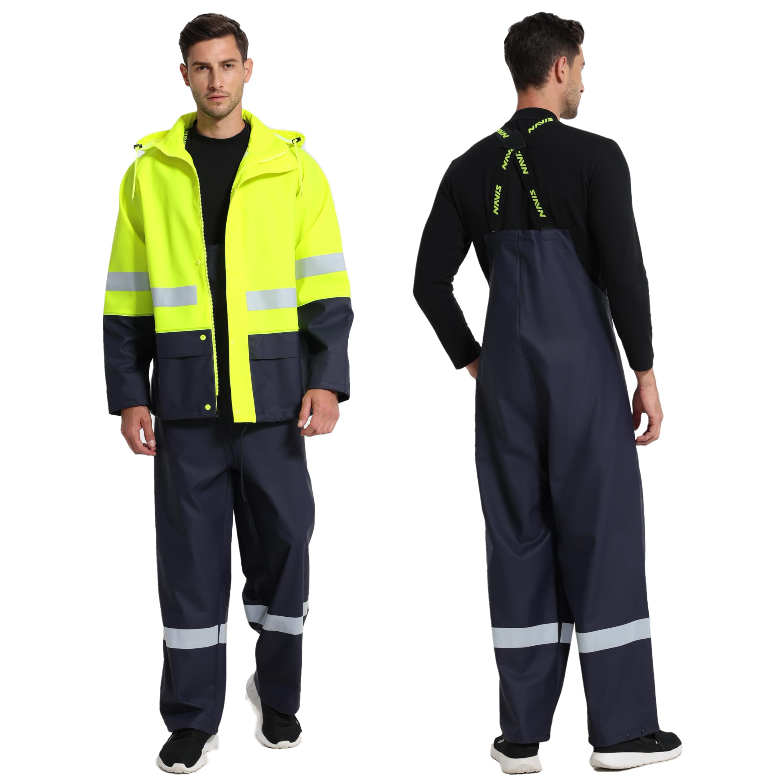 Regenanzug Herren Warnschutz Wasserdicht - PU Regenjacke & Latzhose, Regenbekleidung mit 360° Reflektoren. Ideal für Baustelle, Landwirtschaft, Outdoor