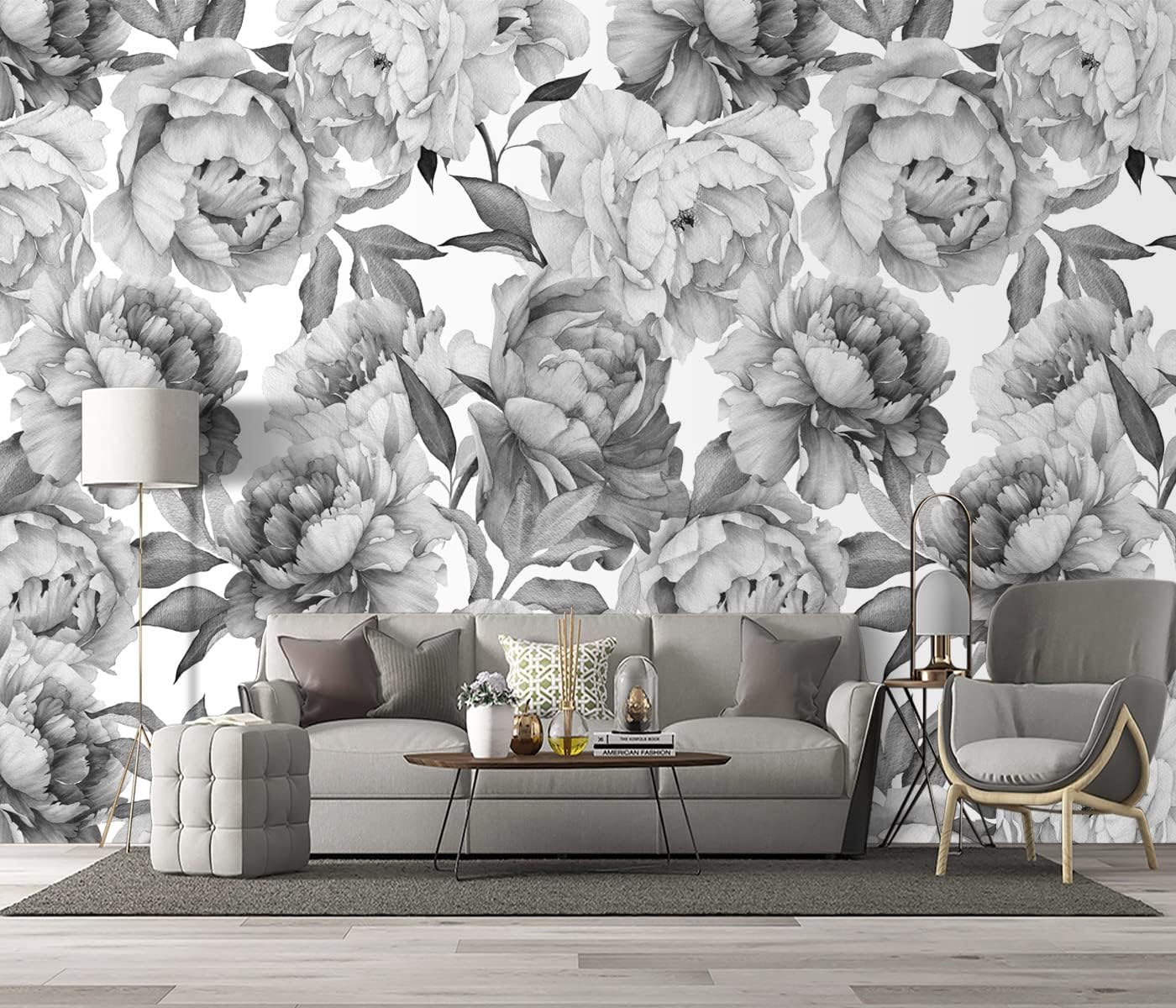 Grey Peony Floral Wallpaper Bedroom Black and White Botanical Flowers Leaf murals Aesthetic Room Decor Living Room tv Background Large Wall Mural - 137"x96" Not Peel and Stick