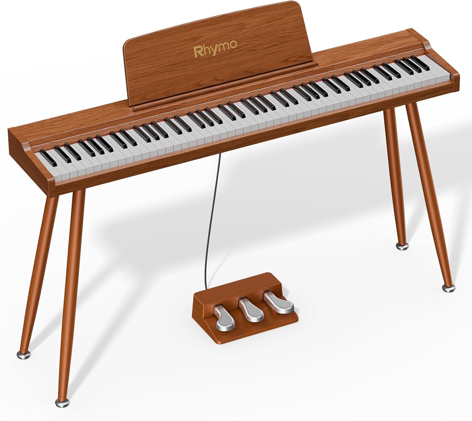 Rhymo 88-Key Digital Piano with Stand, Semi-Weighted Keyboard, Bluetooth Audio/MIDI, Dual Player Mode, 20W Speakers, Microphone Input, Triple Pedal for Beginners to Professional Retro Wood