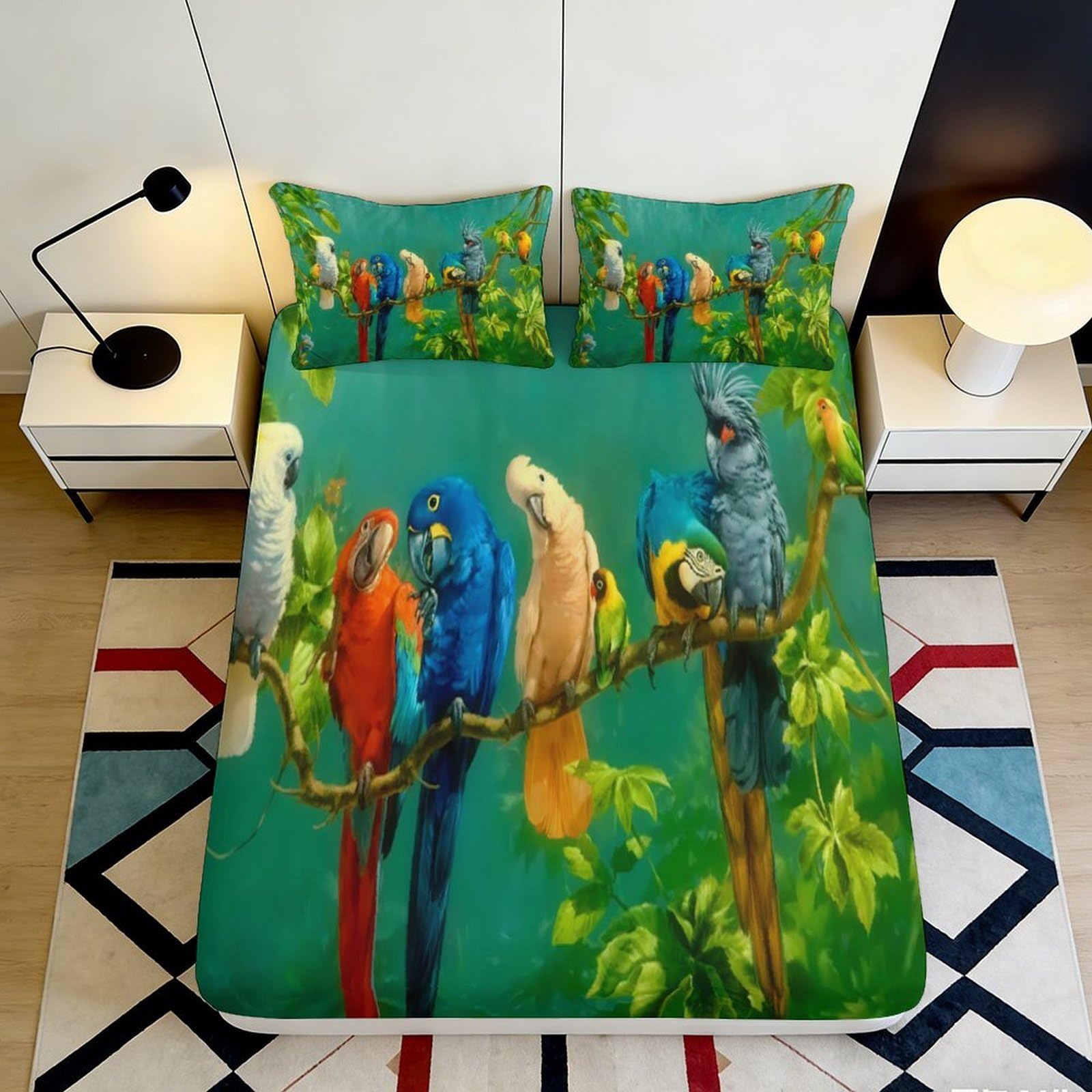 3D Printed Tropical Parrots Fitted Sheet Microfiber Soft Breathable Exotic Birds Mattress Cover for Bedroom Dormitory Guest Room Protection Decor 200x200x25cm