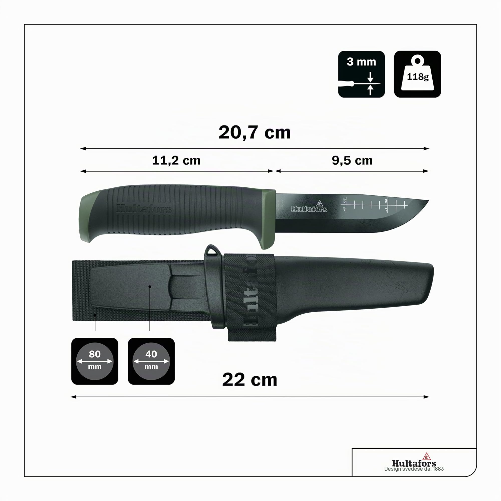 Hultafors OK4 Coltello da boscaglia Robusto coltello da outdoor con supporto per cintura I In acciaio giapponese inossidabile con impugnatura antiscivolo I 380270
