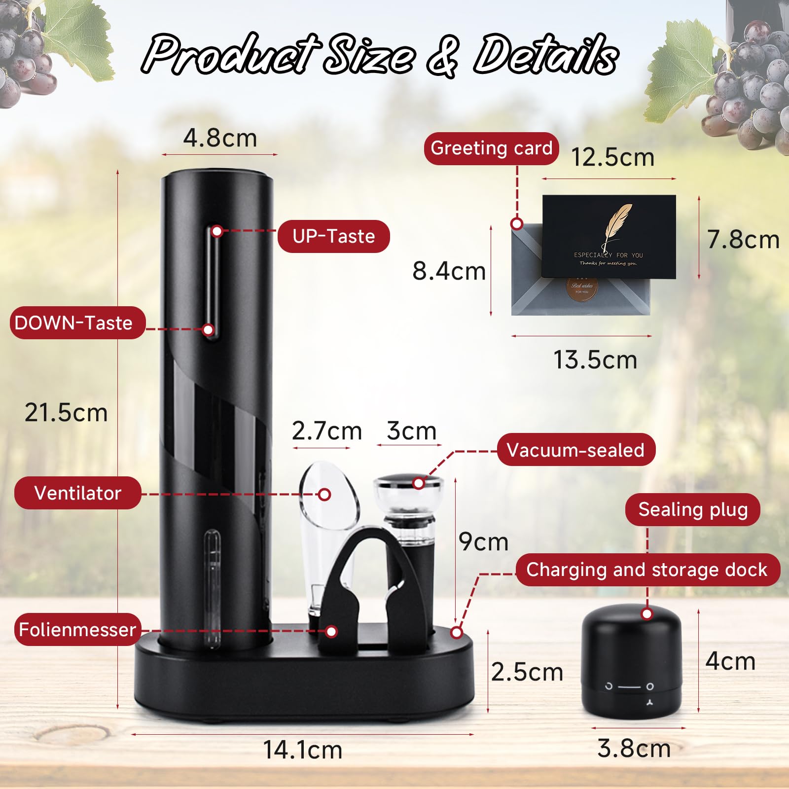 UCAMP 7 in 1 Sacacorchos Eléctrico Abridor de Vino Regalos Originales para Hombre con Abrebotellas, Cortador de Láminas, Tapones de Vacío, Boquilla Vertedora, Tapas de Sellado, Base de Carga y USB