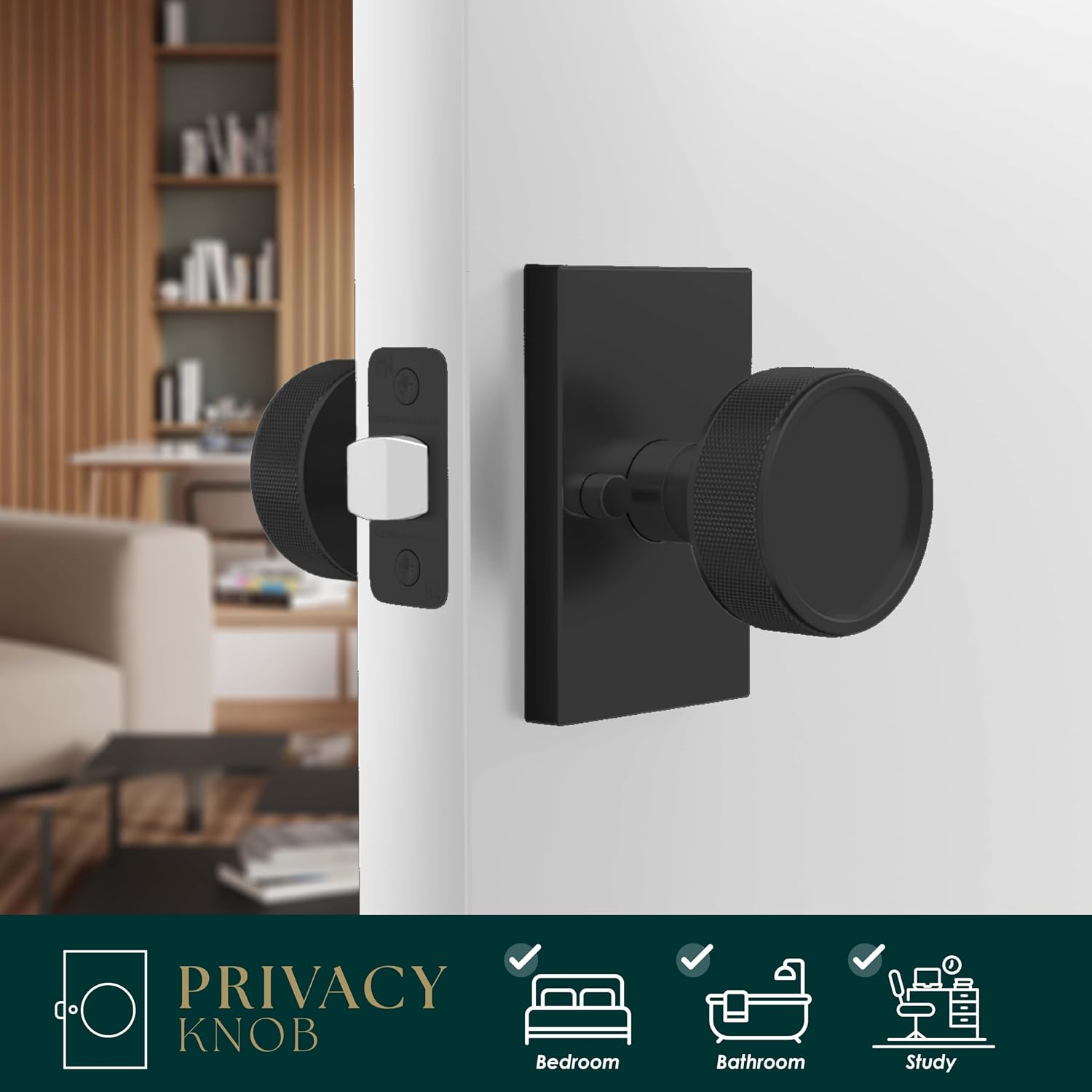 Barton Privacy Door Knob Matte Black (1-Pack) - Bath Lock | Solid Zinc Alloy, Matte Black, Modern Round Knob, Rectangular Rosette, Reversible Left or Right