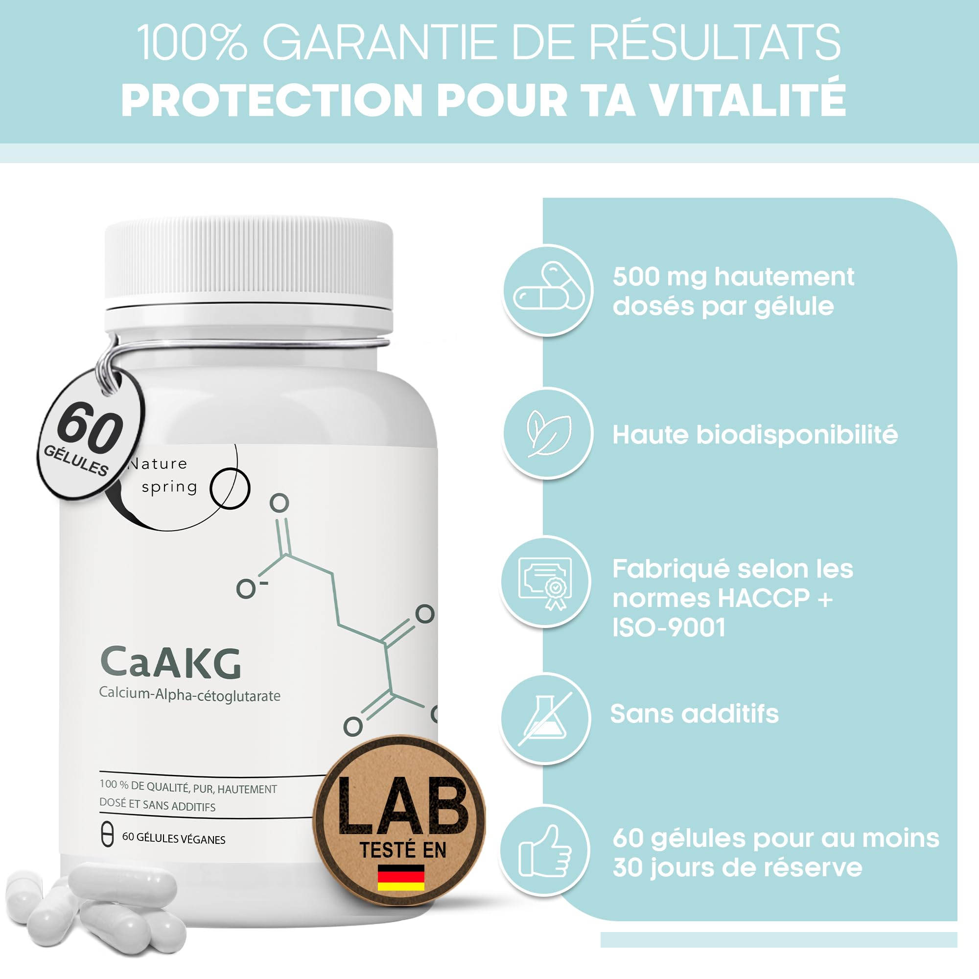 CaAKG | Calcium-Alphakétoglutarate | 60 gélules | Dosage élevé | 1000 mg | CaAKG de haute qualité sans additifs