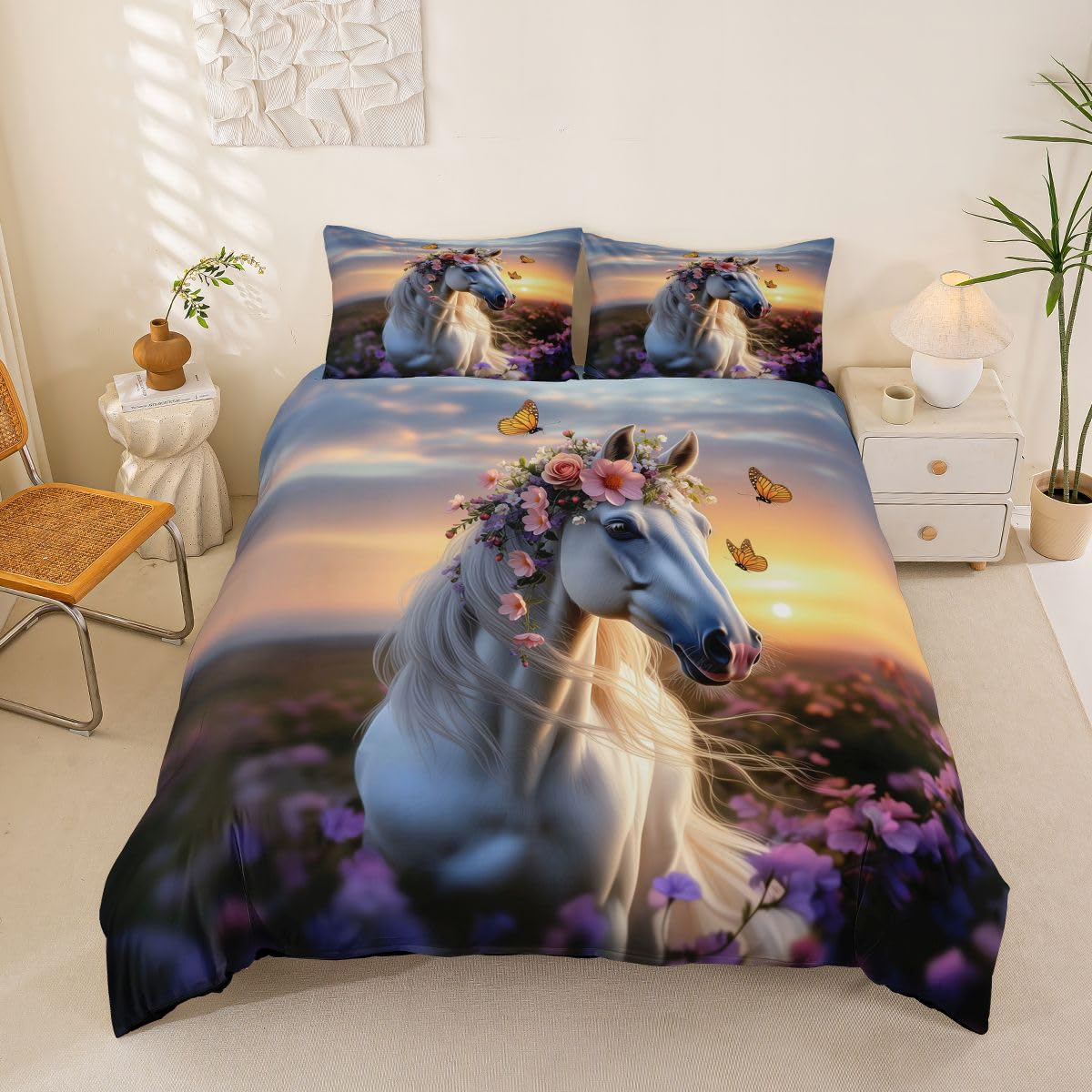 Homemissing 3D Horse Print Duvet Cover Set Super King Size for Kids Boys Girls Flower Horse Bedding Set Floral Print Duvet Cover with 2 Pillowcases Farm Animals Bedding — image 1