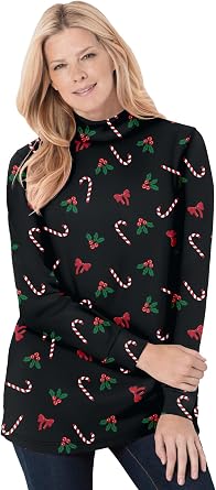 Woman Within Perfect Printed Long-Sleeve Mockneck Tee
