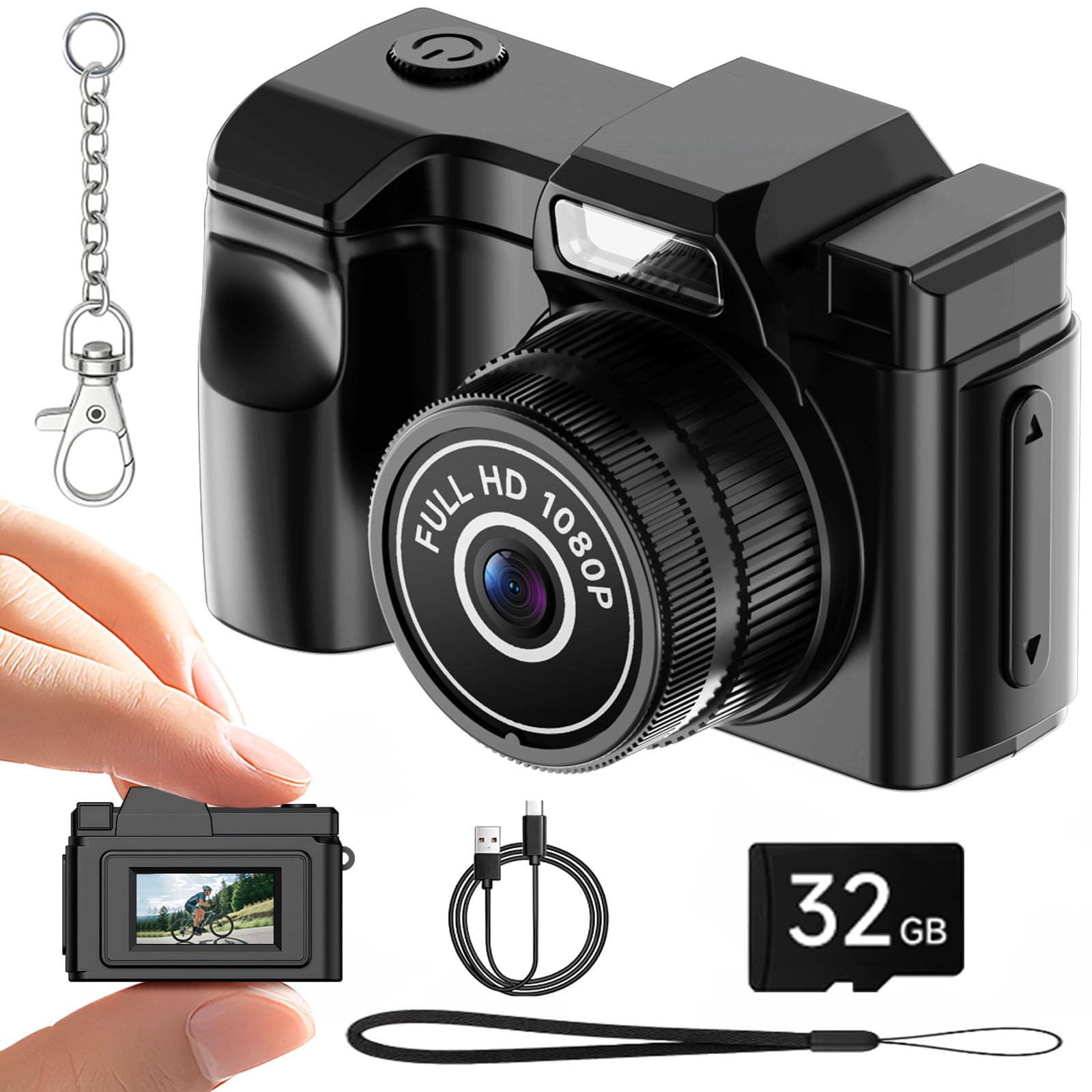 Mini Keychain Camera, Retro 1080P HD Tiny Digital Camera with 32GB SD & 0.96" Screen, Y2Y Pocket Mini Camera Portable Video Recorder for Travel, Black