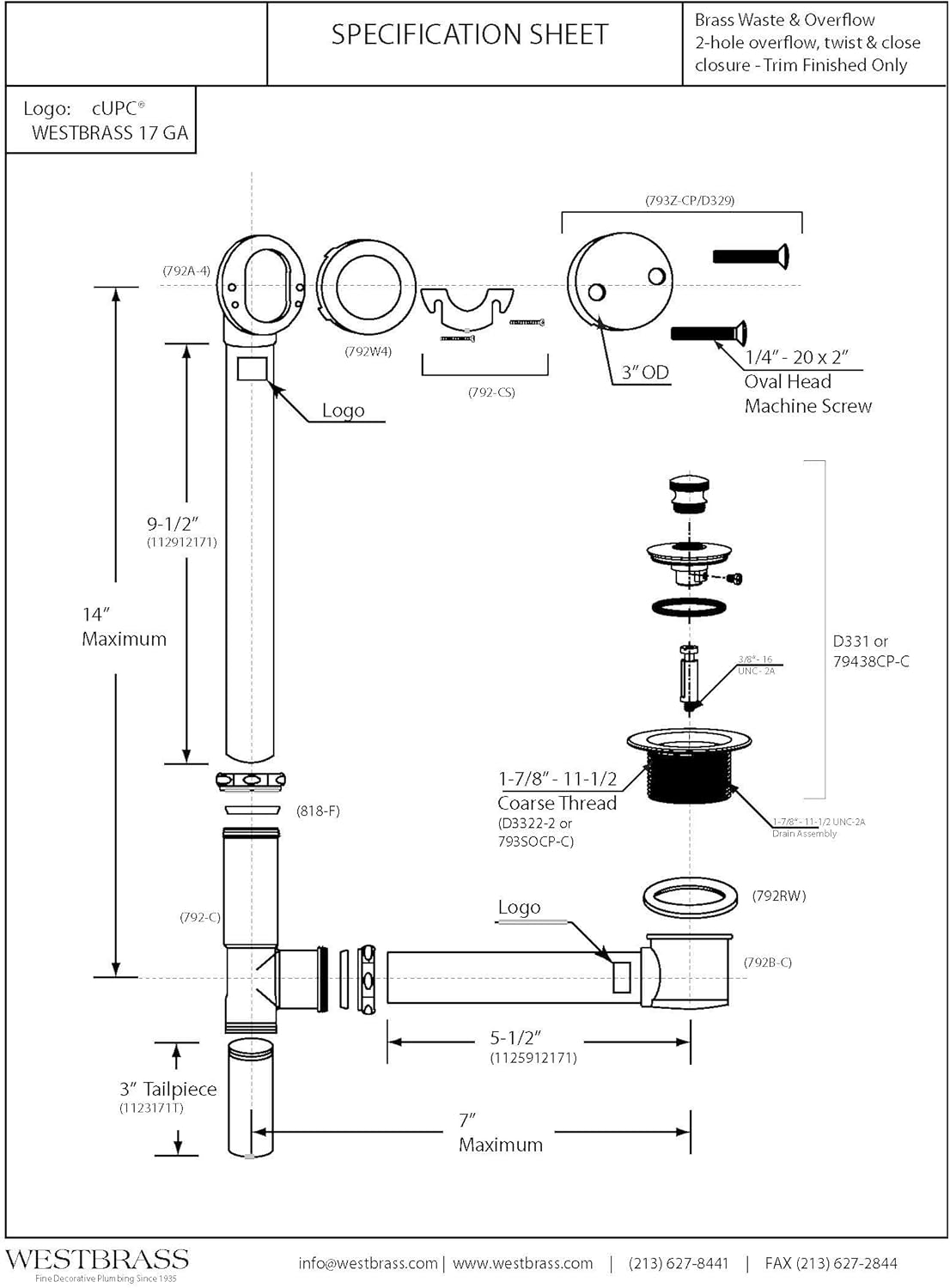 Westbrass A321-12 14" Brass Bath Waste & Overflow Assembly with Twist & Close Drain Plug and 2-Hole Faceplate, Oil Rubbed Bronze