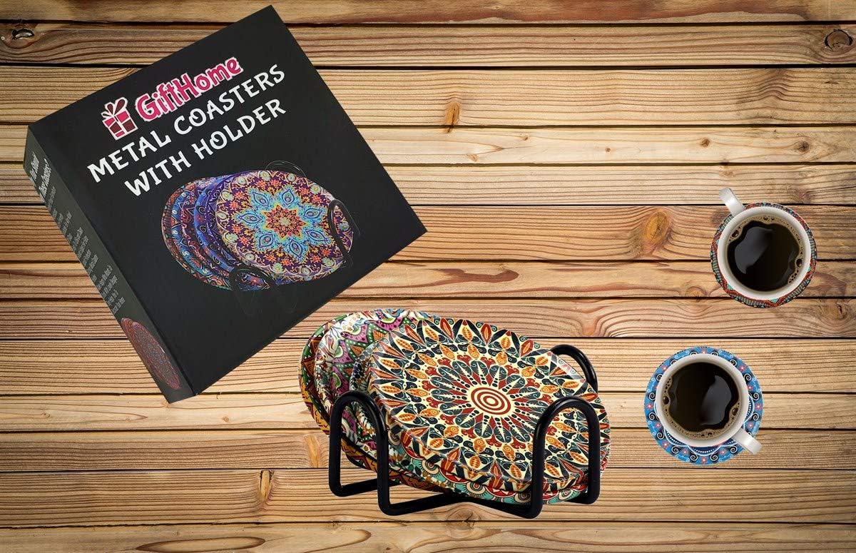 Hot Deals Decorative Lovely Metal Coasters With Stainless Metal Holder,Set of 6 Pieces, Suitable Kind Of Mugs And Cups, Underside Is Natural Cork To Protect Your Furniture, Size Of Each Coaster 3.54 Inc