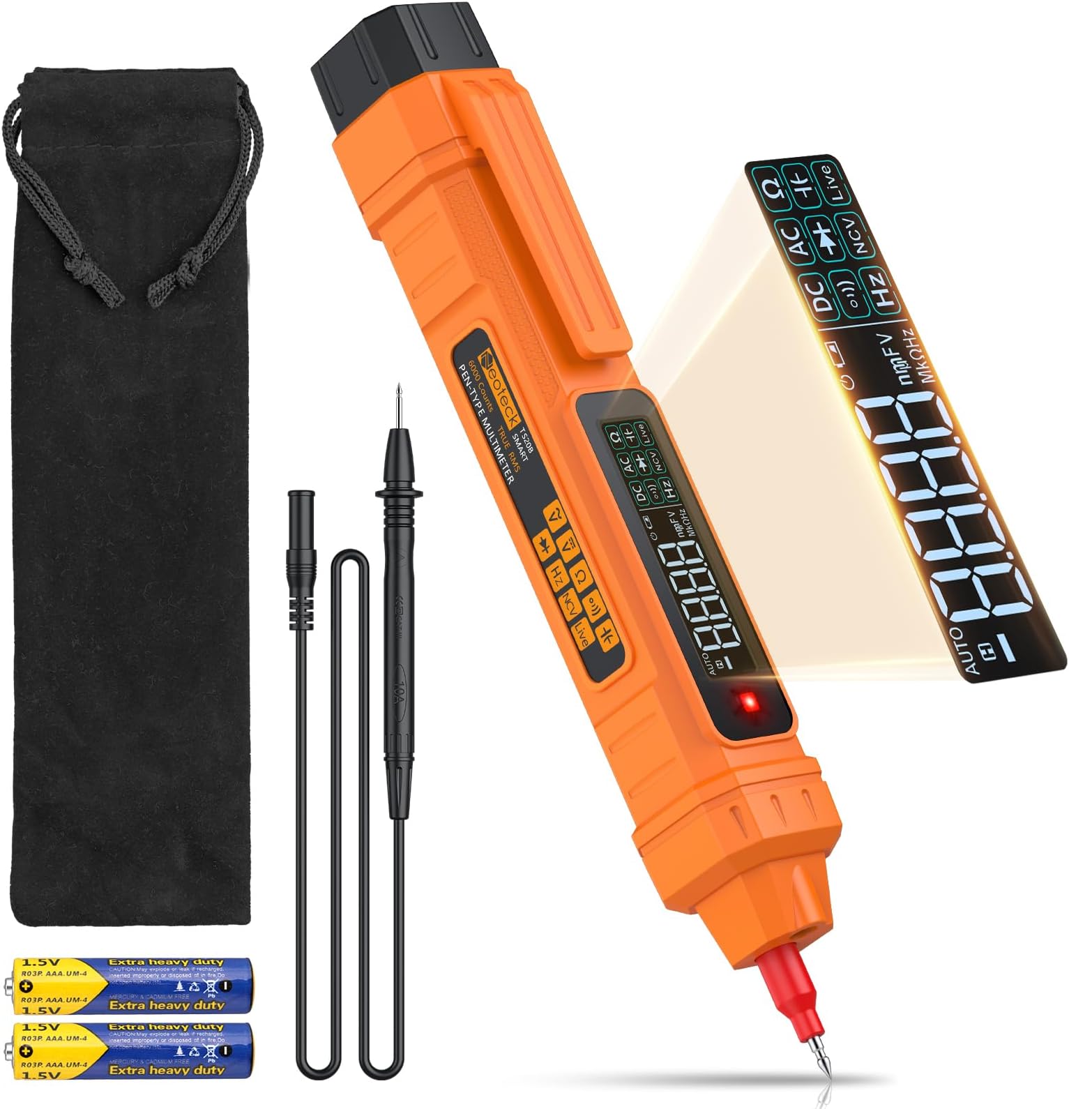 Neoteck 2 in 1 Pen Type Digital Multimeter Non-Contact Voltage Tester 6000 Counts Intelligent Multimeter with LCD Display for AC/DC Voltage Resistance Diode Continuity Capacitance Frequency-Orange