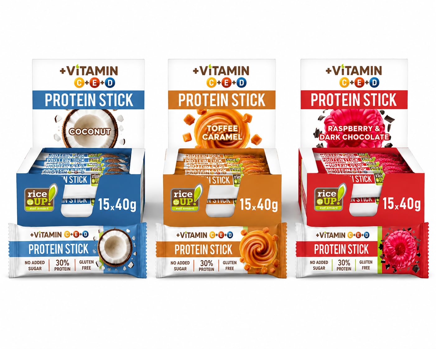 RiceUP! Barretta Proteica Vitaminica | Toffee, Cocco, Lampone | 45 x 40 g