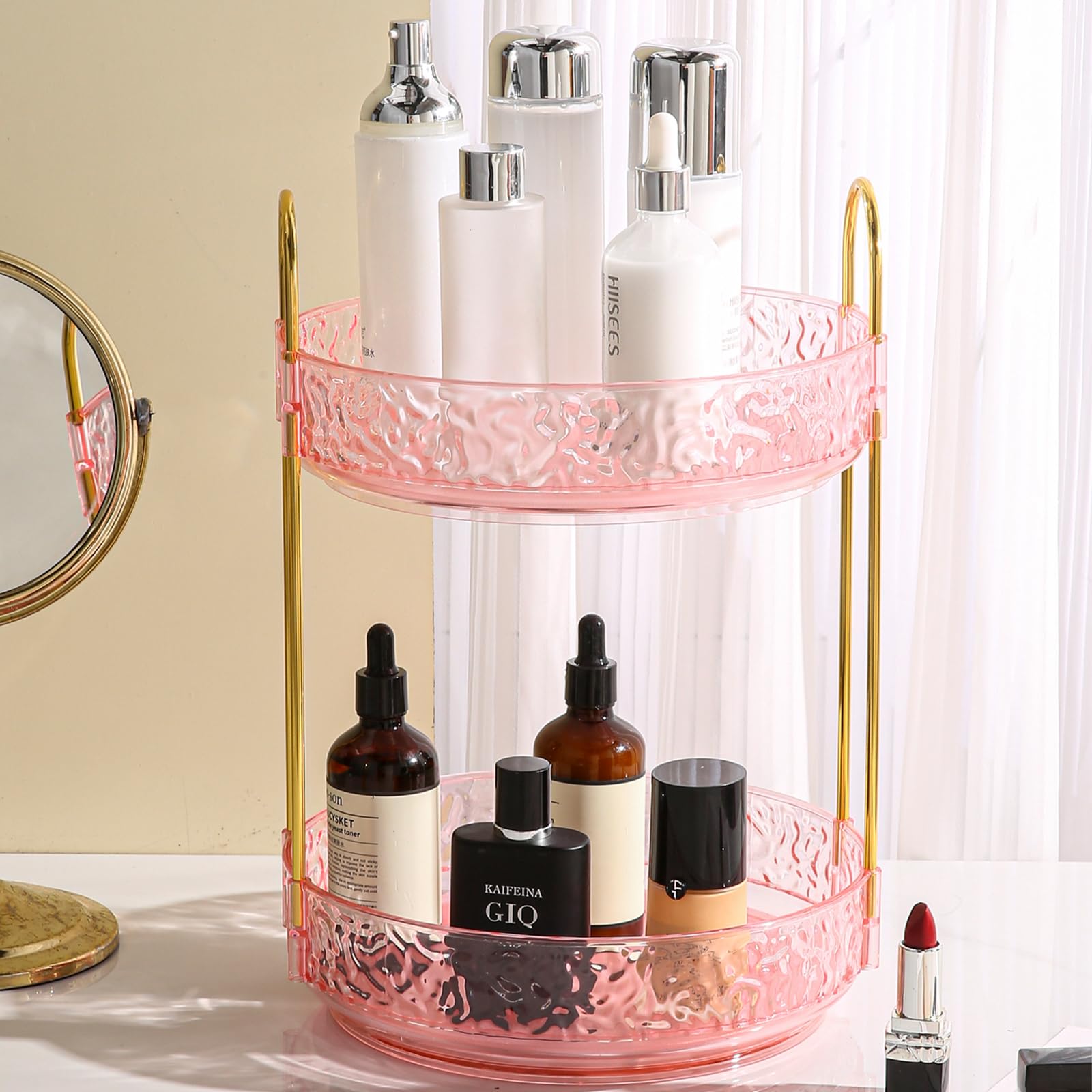 Fangoo 3 Capas Organizador de Maquillaje Giratorio 360 Grados Gran Capacidad Cosmética para Dormitorios Organizador Perfumes y Cremas Pintalabios Brochas Baño Tocador (Rosa)