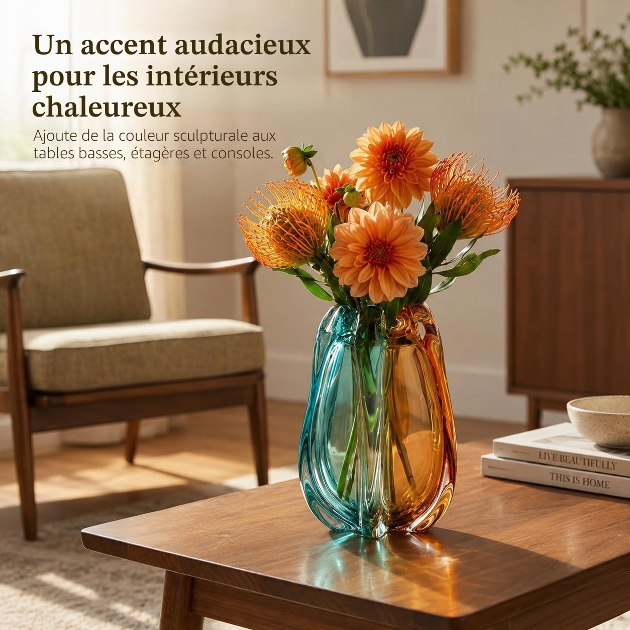 Vase décoratif en Verre d'art soufflé à la Main — Grand Vase à Fleurs Lourd et à Large Ouverture — Style Art déco (Murano) : Teinte Sarcelle et Ambre (19cm)