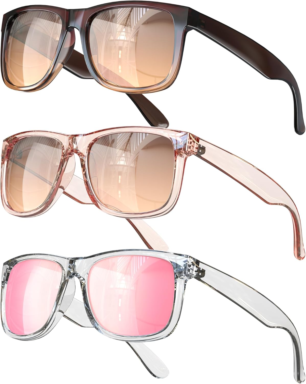 OUKEMAX Polarized Sunglasses for Women, 3 Pack UV400 Trendy Square Shades, Lightweight Stylish Eyewear for Driving & Travel