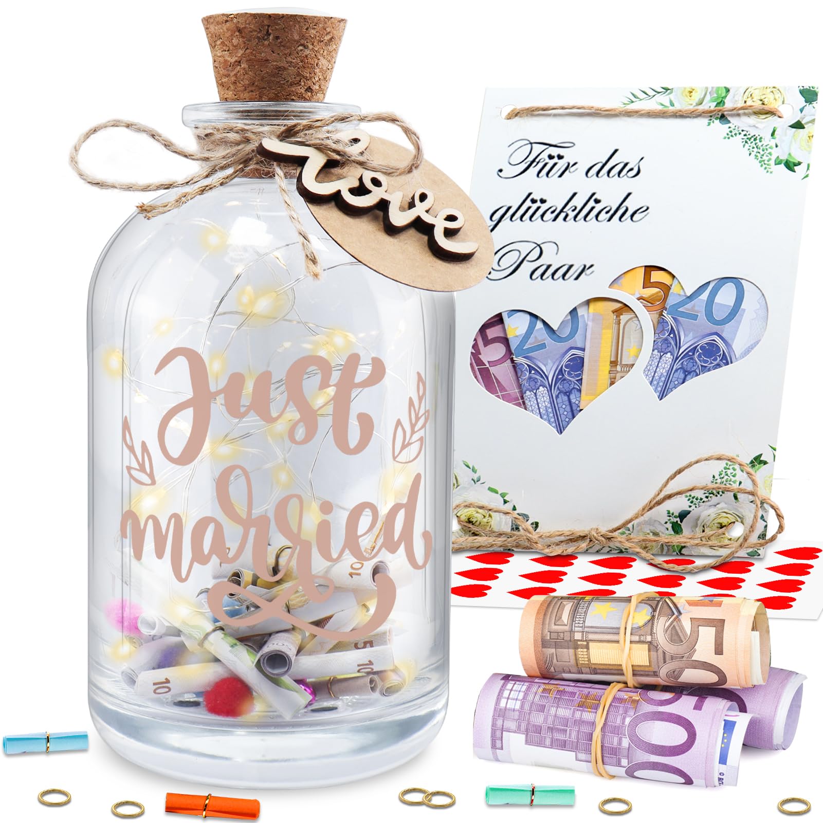 LED Flaschenlicht Hochzeit Hochzeitsgeschenke Geld für Brautpaar Geldgeschenke Hochzeit Verpackungen Hochzeitsgeschenke Geld Spardose Leuchtflasche für Frisch Verliebte Geburtstag (Just Marriage)