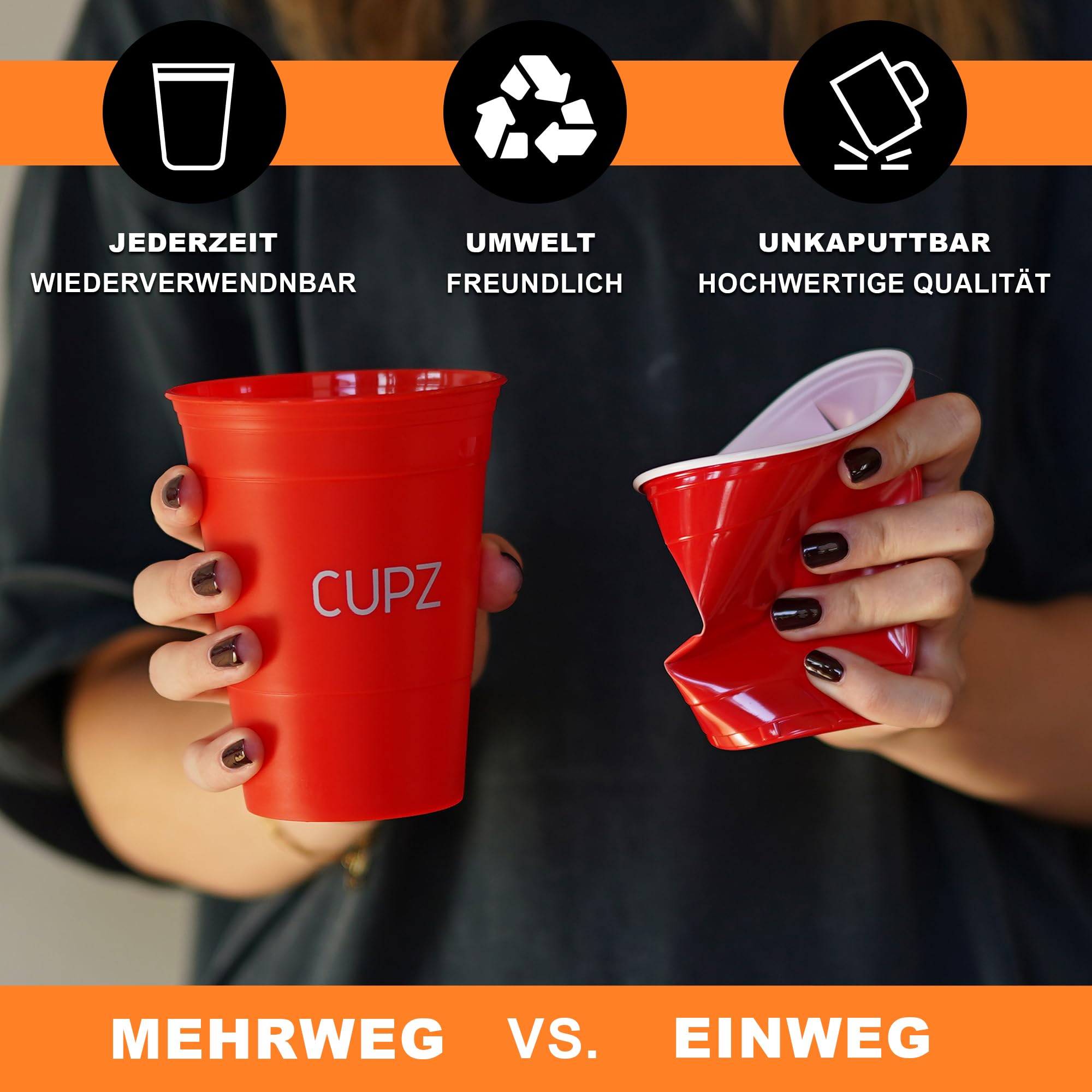 Becher Set 22 Hartplastikbecher - Wiederverwendbar und Spülmaschinenfest - für Erwachsene, Perfekt für jede Gelegenheit - 16oz / 473ml - (11 Schwarz + 11 Rot) (Black/Red)