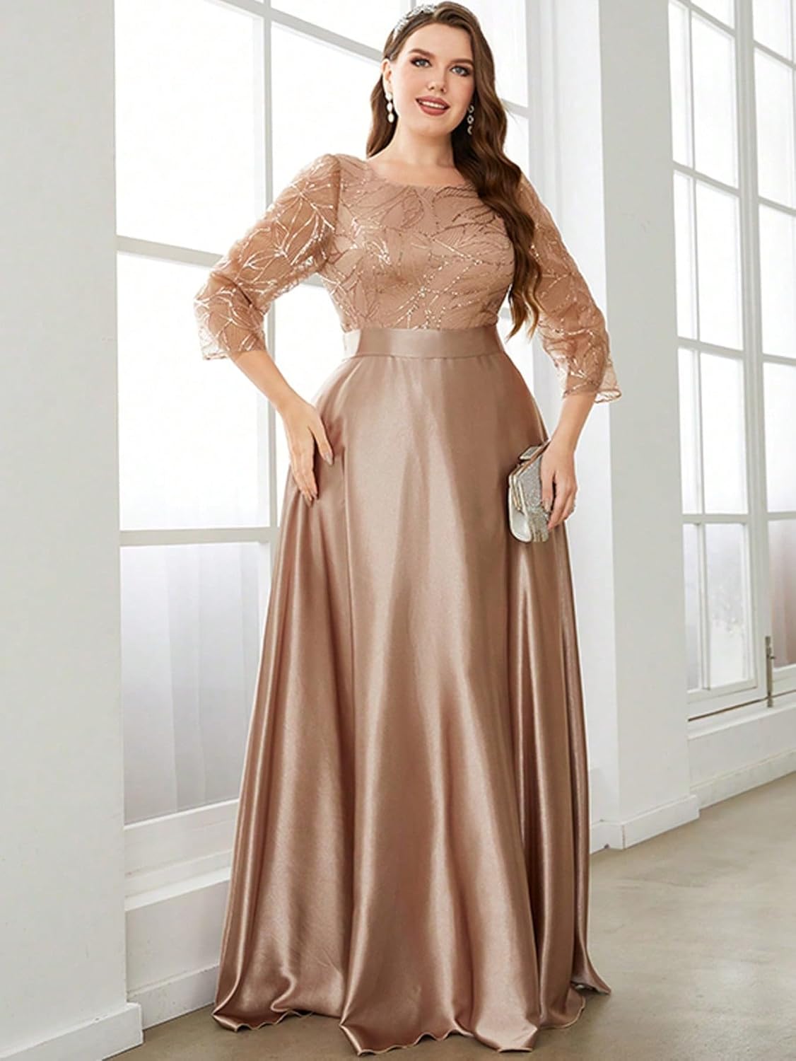 Women's Plus Size Sequin Embellished with Satin A-line Hem 3/4 Sleeves Formal Evening Gown Maxi Long Dress - Image 4