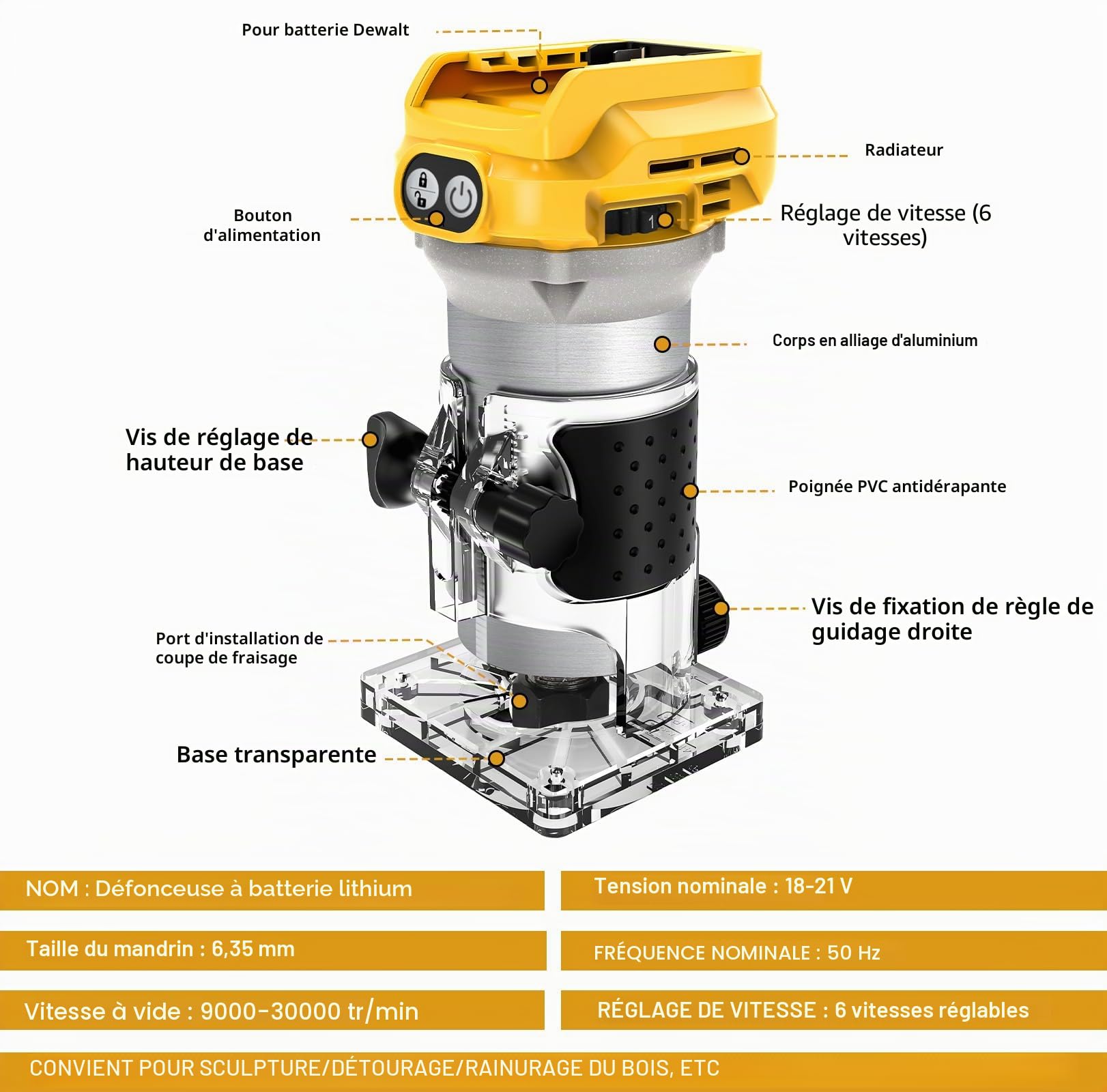 Défonceuse sans fil 1300W pour Dewalt 20V (sans batterie) (A)