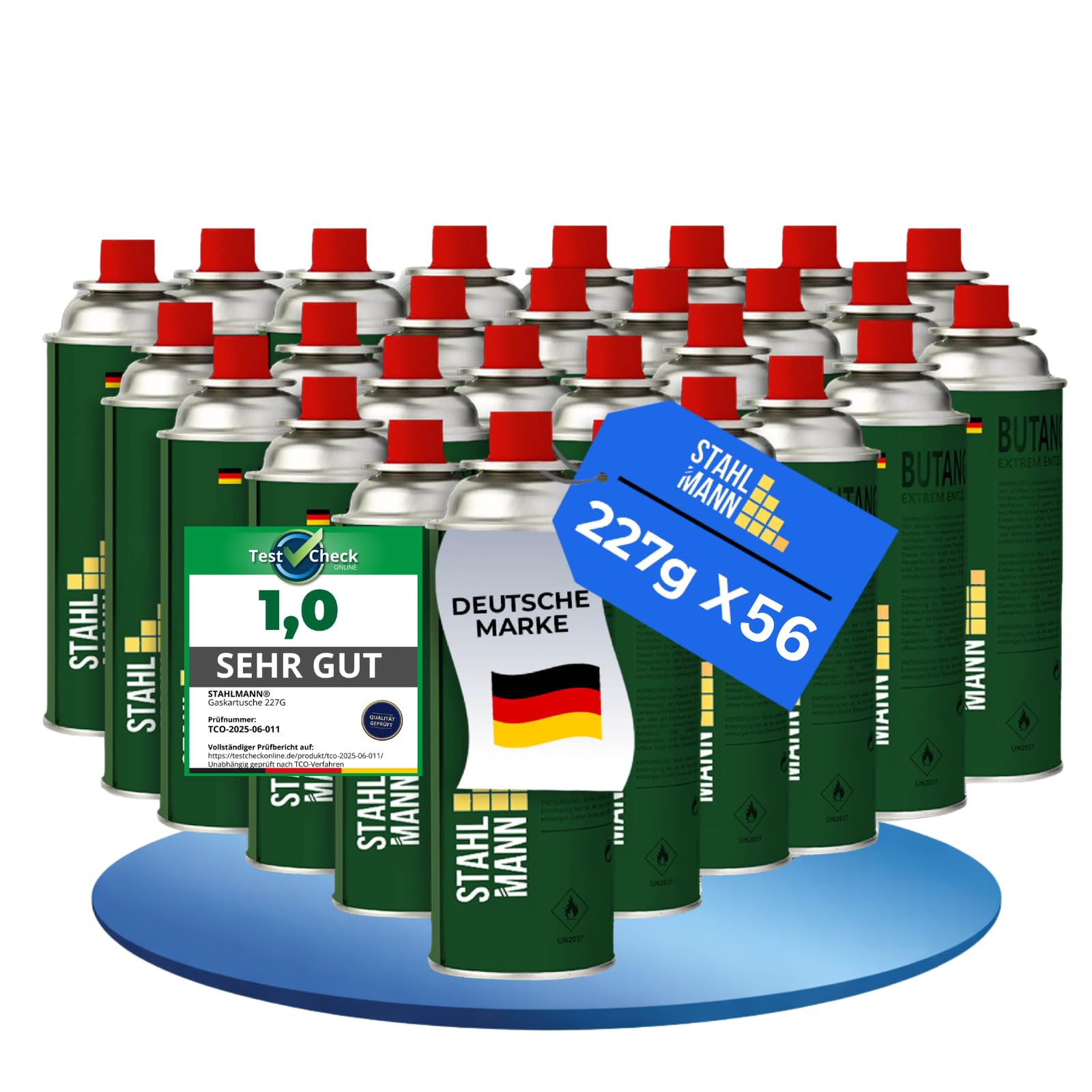 STAHLMANN® Gaskartuschen [56x 227 g] – Gaskartusche mit MSF-1a Ventil für Campingkocher, Grill, Gaskocher, Gasheizung - Butan Gas - Gaskartusche - Notfall Ausrüstung
