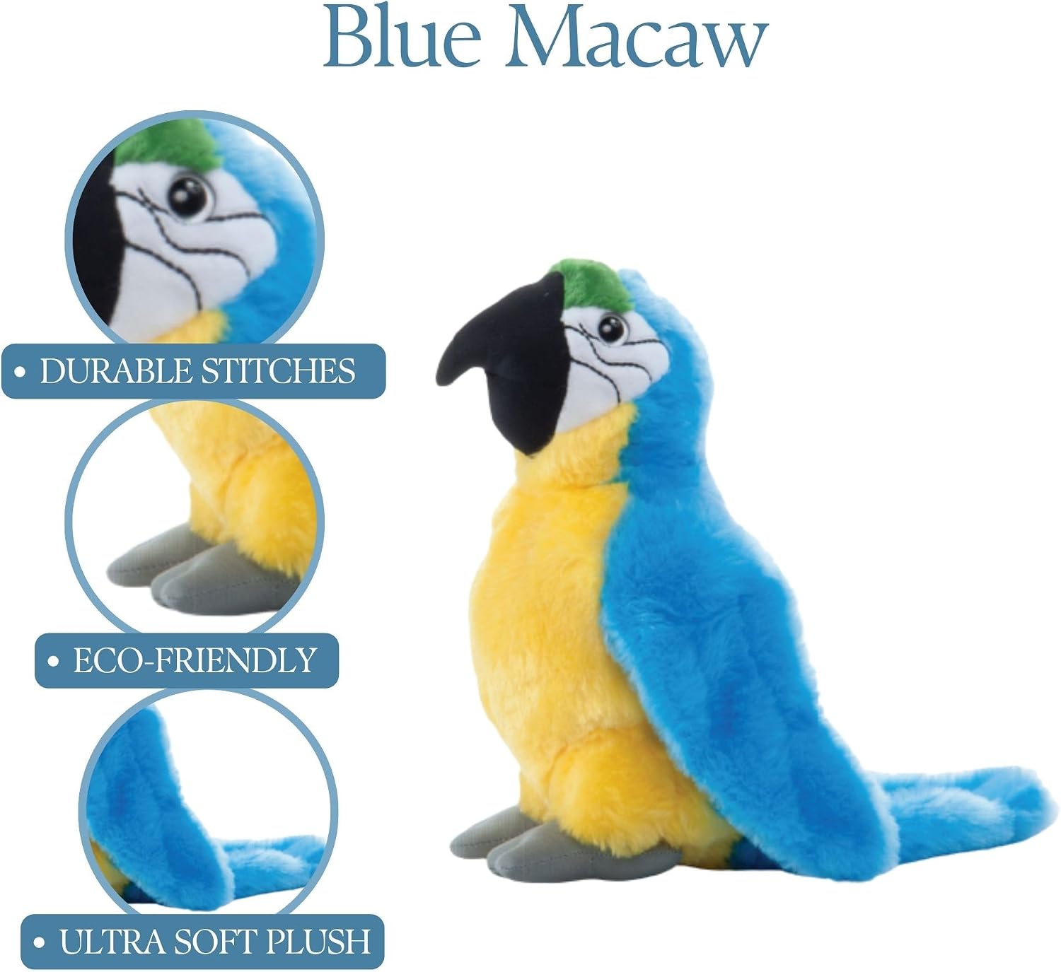 The Petting Zoo Blue Macaw Stuffed Animal Plushie, Gifts for Kids, Wild Onez Wildlife Animals, Parrot Plush Toy 9 inches