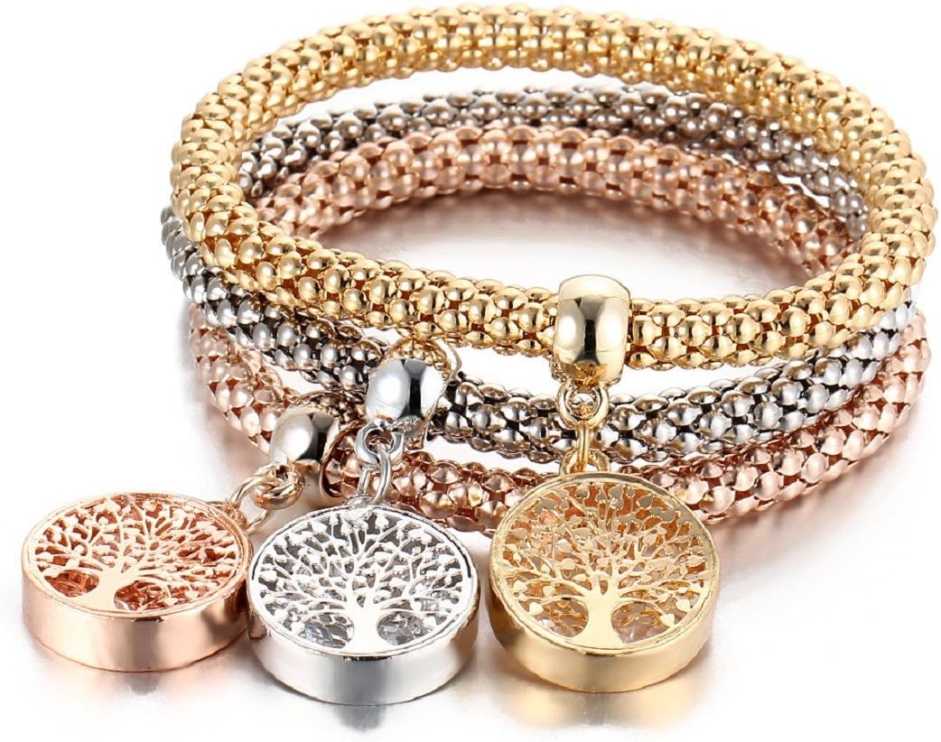 Stretch Bracelets I’s 3PCS Gold/Silver/Rose Gold Corn Chain Crystal Charms Multilayer Bracelets for Women