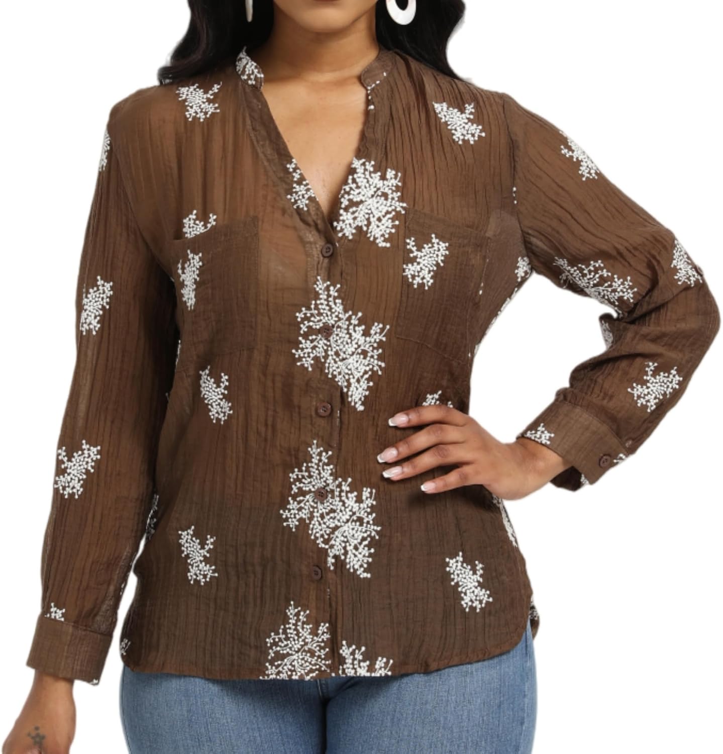 Women's Long Sleeve Sheer Floral Embroidered See Through Button Down Blouse Lightweight Boho V Neck Shirts - Image 2