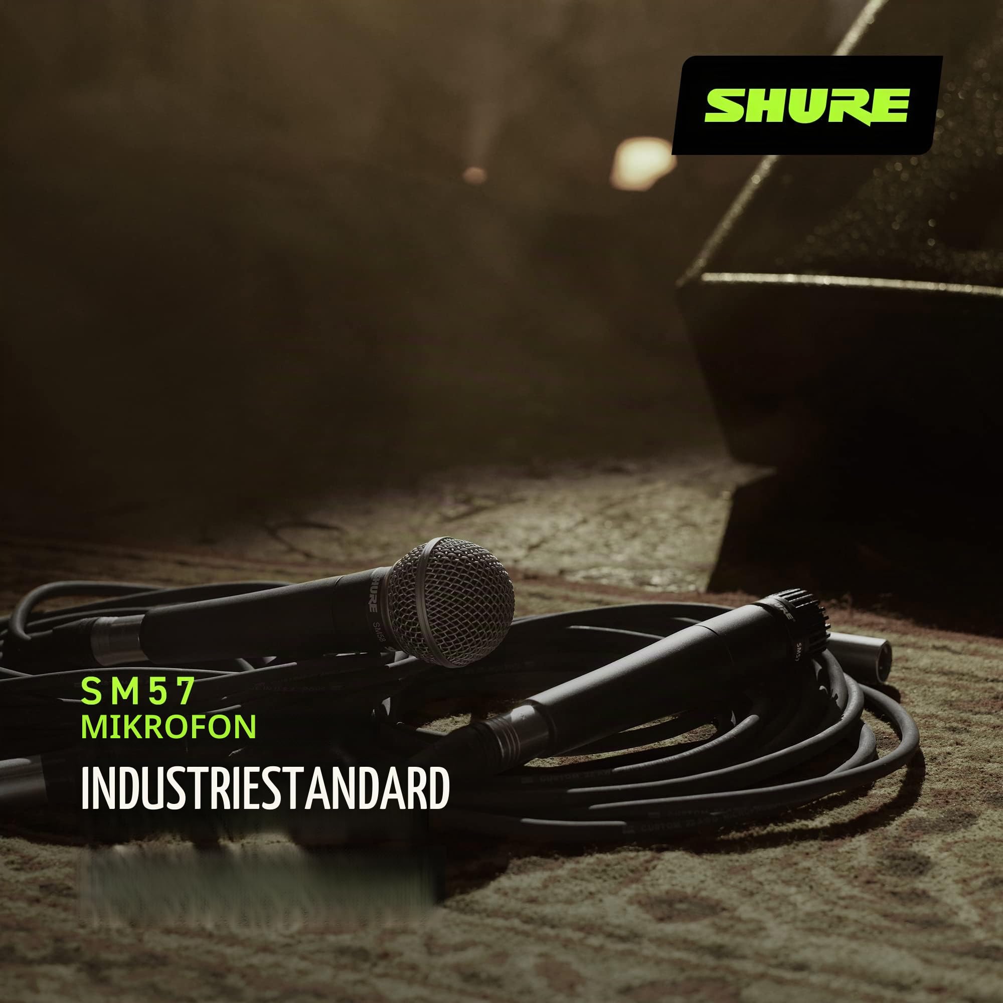 Shure SM57 Dynamisches Instrumentenmikrofon mit Nierencharakteristik, pneumatischer Schockhalterung, A25D Mikrofonklammer, Aufbewahrungstasche, 3-poligem XLR-Anschluss, ohne Kabel (SM57-LCE)