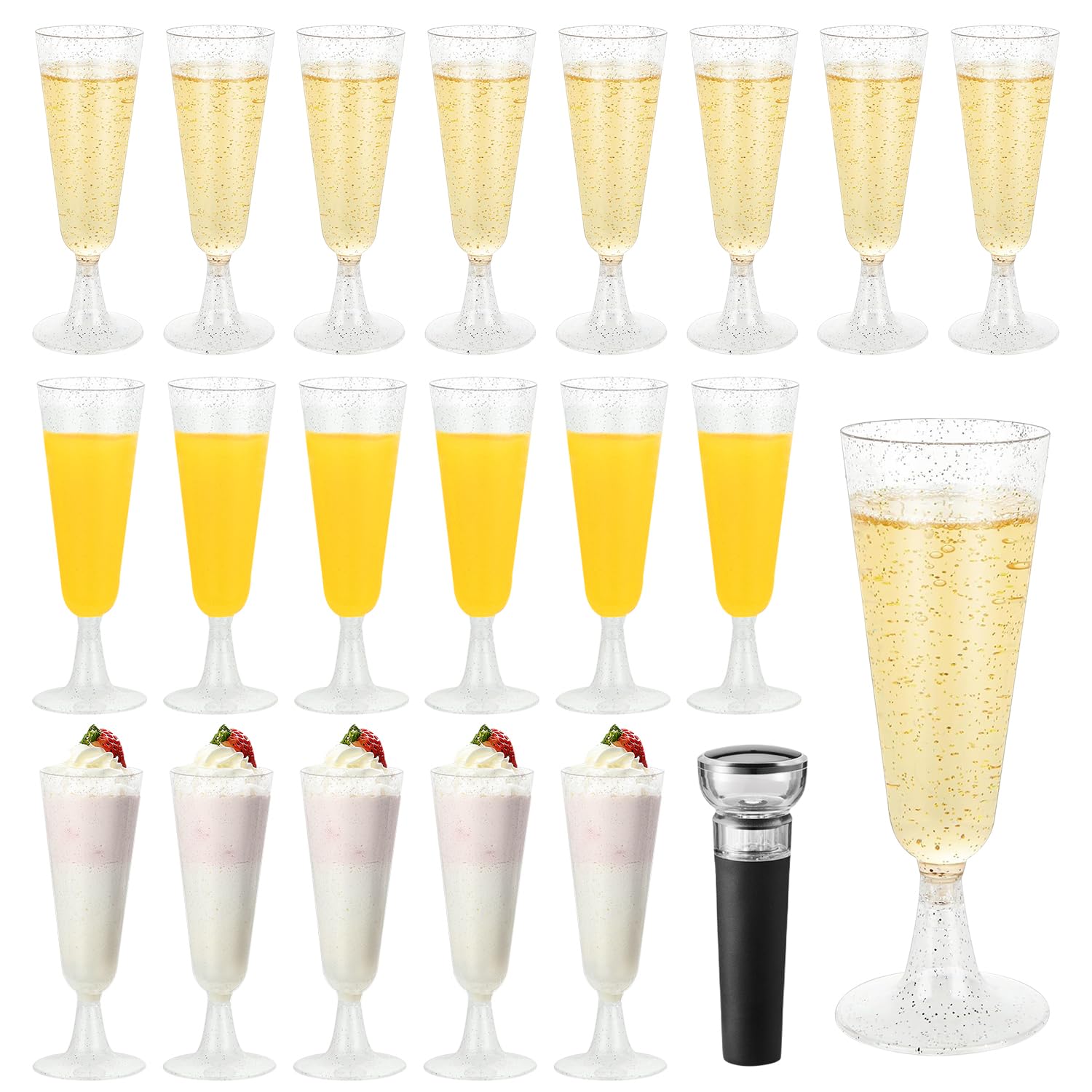 20 Pezzi Flute Plastica Riutilizzabili Argento 150ml, Calici Plastica Rigida Lavabili, Bicchieri Champagne con Tappo Vino Sottovuoto per Feste, Matrimoni