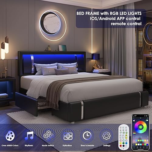Miniatura 7 de Base de cama de tamaño matrimonial con cabecero de luces LED RGB y 2 cajones de almacenamiento, moderna plataforma inteligente tapizada de piel