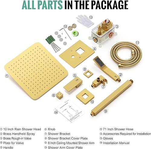 Miniatura 72 de SR SUN RISE Sistema de ducha montado en el techo de 12 pulgadas, mezclador de lluvia, sistema de cabezal de ducha de lluvia, dorado cepillado, Oro