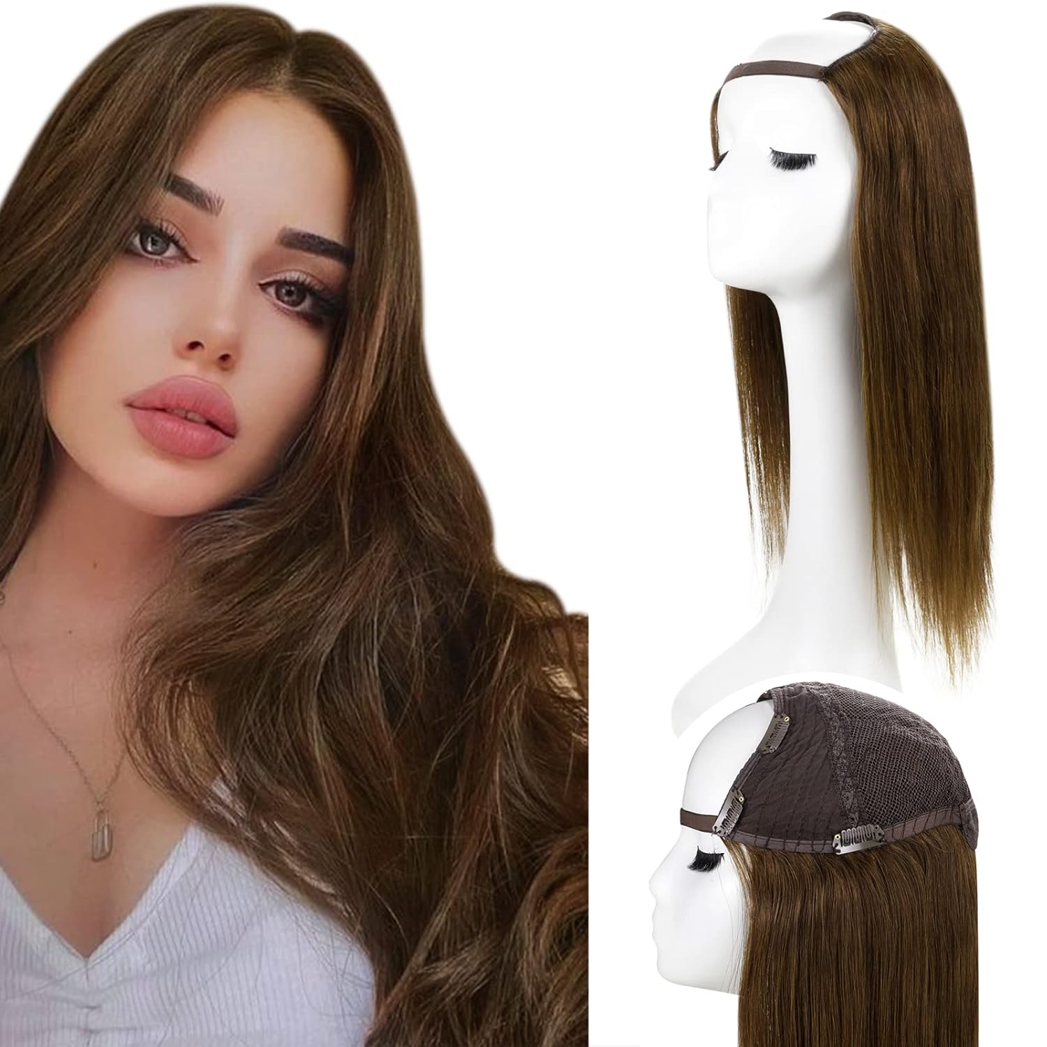RUNATURE U Part Wigs Human Hair Brown 18 Inch Chocolate