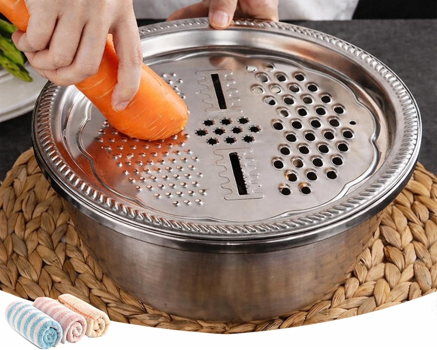 2026 Upgraded Germany Multifunctional Stainless Steel Basin, Stainless Steel Shredding and Drainage, 5-in-1 Strainer and Drain Basket for Vegetables, Rice Rinser Food Graters (S (9.44"/24CM))