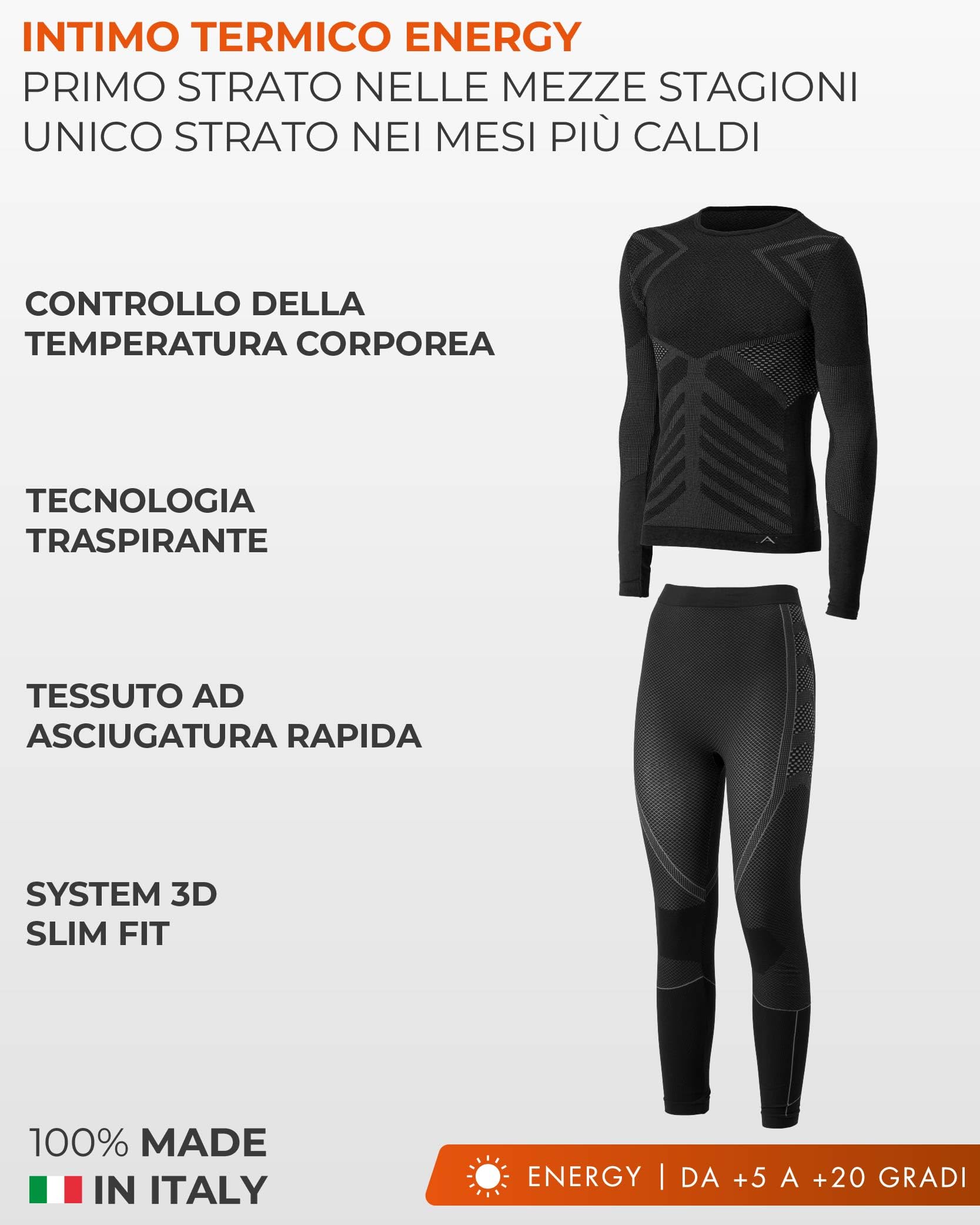 Risalti Tuta Termica Uomo Invernale Energy - Completo Maglia Termica Uomo e Calzamaglia con Scaldacollo Omaggio, Intimo Seamless, Traspirante e Termoregolante – Made in Italy