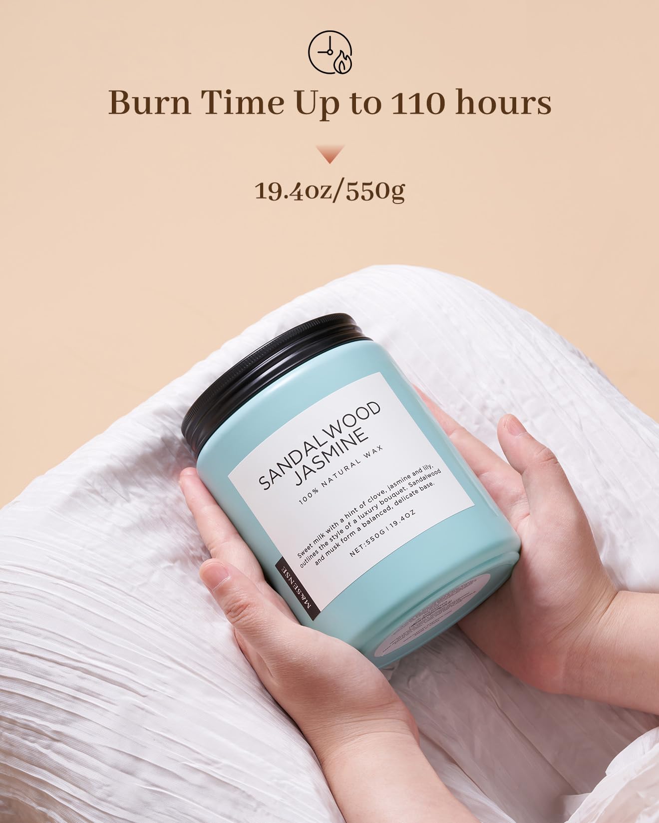 M&SENSE Sandalwood Jasmine Large Organic Soy Scented Candles Gifts for Men Women 2 Wick 550g 110 Hours Candles for Home Decor Friend Family Non Toxic Aromatherapy Candle for Stress Relief Relaxtion - Image 4