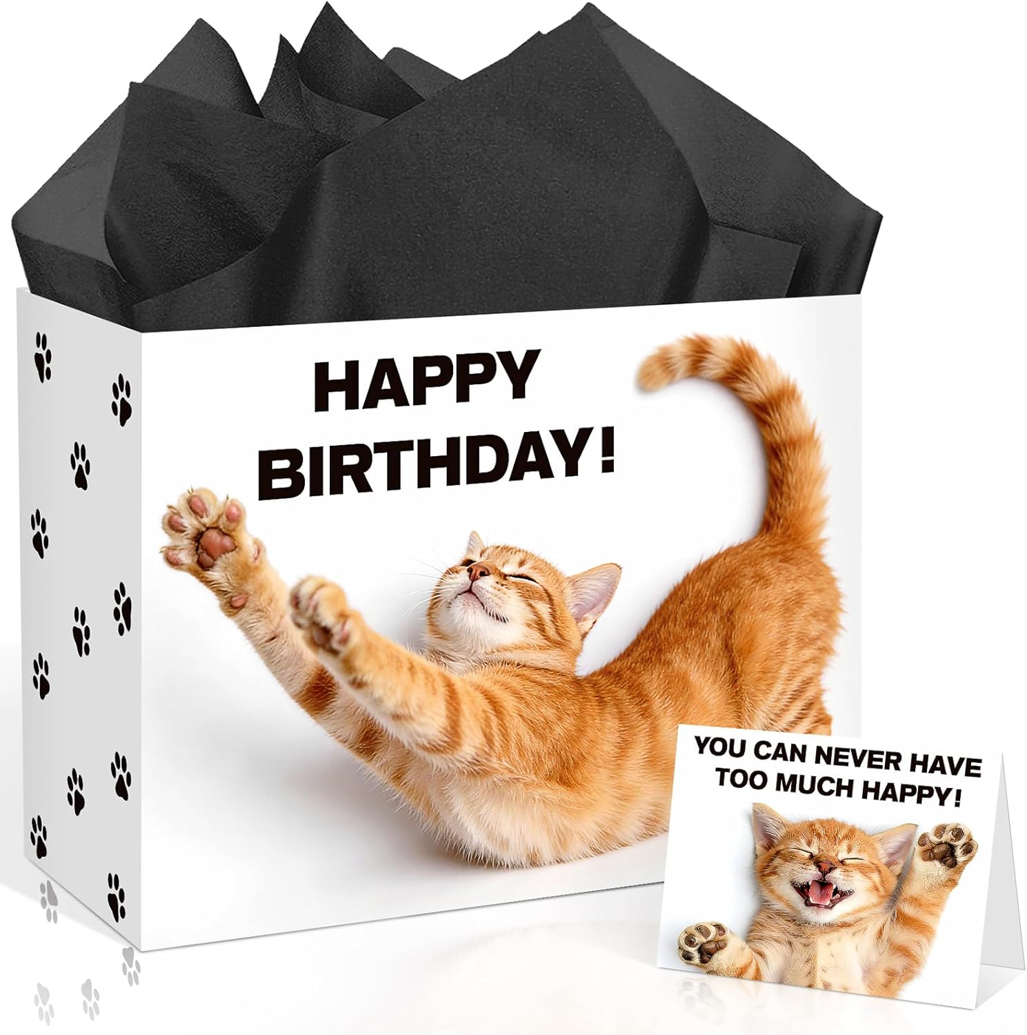 Large Ginger Cat Birthday Gift Bag with Black Tissue Paper and Card, Cute Orange Cat Gift Bags for Kids Adults Cat Lovers, Kitten Theme Birthday Party Decorations Pet Lover Gift Wrapping Supplies