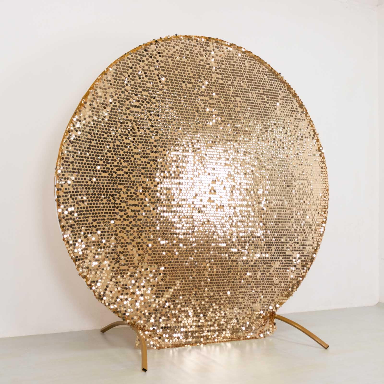 TABLECLOTHSFACTORY Sparkly Gold Big Payette Sequin Backdrop Stand Cover for Round Wedding Arch - 7.5ft for Party & Decorations