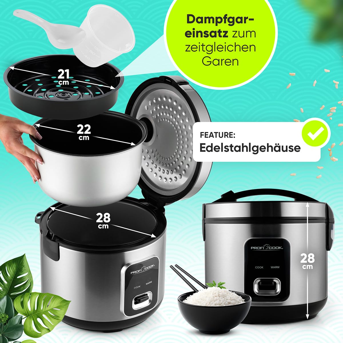 ProfiCook® Reiskocher für 3kg Reis | schnelle Zubereitung ohne Anbrennen | Warmhaltefunktion | inkl. Messbecher & Reislöffel | Rice Cooker mit Antihaft | Reiskocher mit Dampfgarer | PC RK 1285
