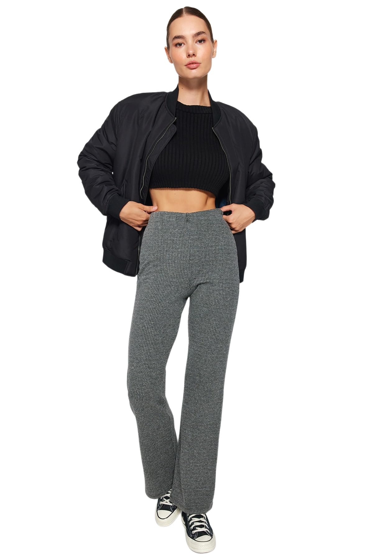 Trendyol Damen Grau Gerade Normale Taille Hose