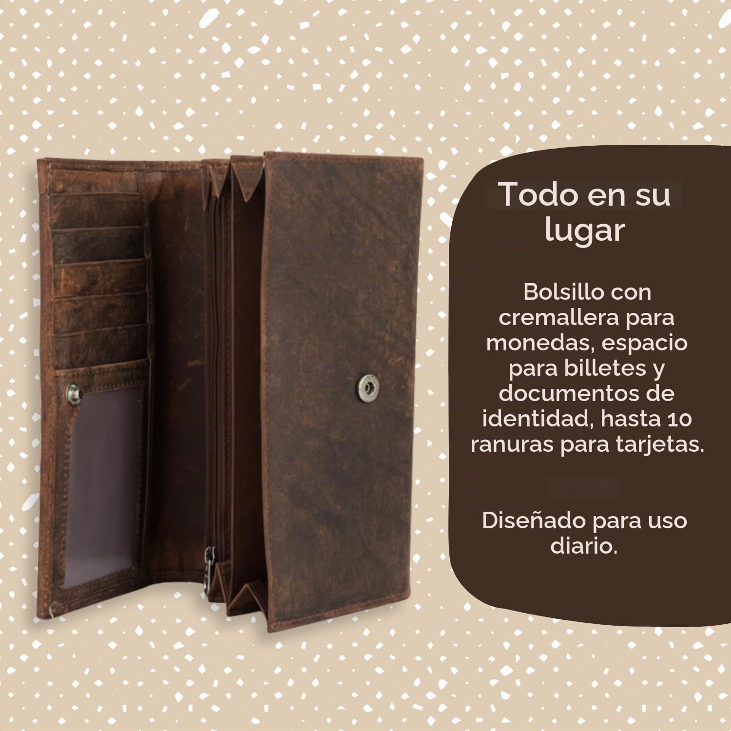 iulius Cartera de Cuero para Mujer, Solapa Piel Vacuno, Color café, Cierre metálico, múltiples Compartimentos, 19x11x3 cm, Elegante y Funcional