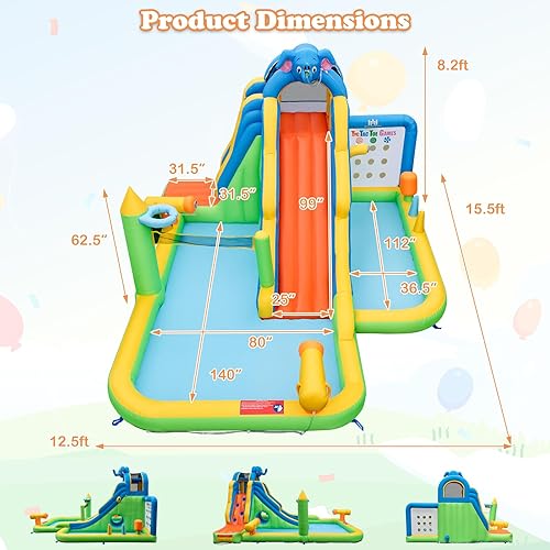 Vista 11 de BOUNTECH Tobogán acuático inflable, tobogán de surf de elefante, parque acuático para niños, castillo animoso con 2 piscinas de salpicaduras, cueva