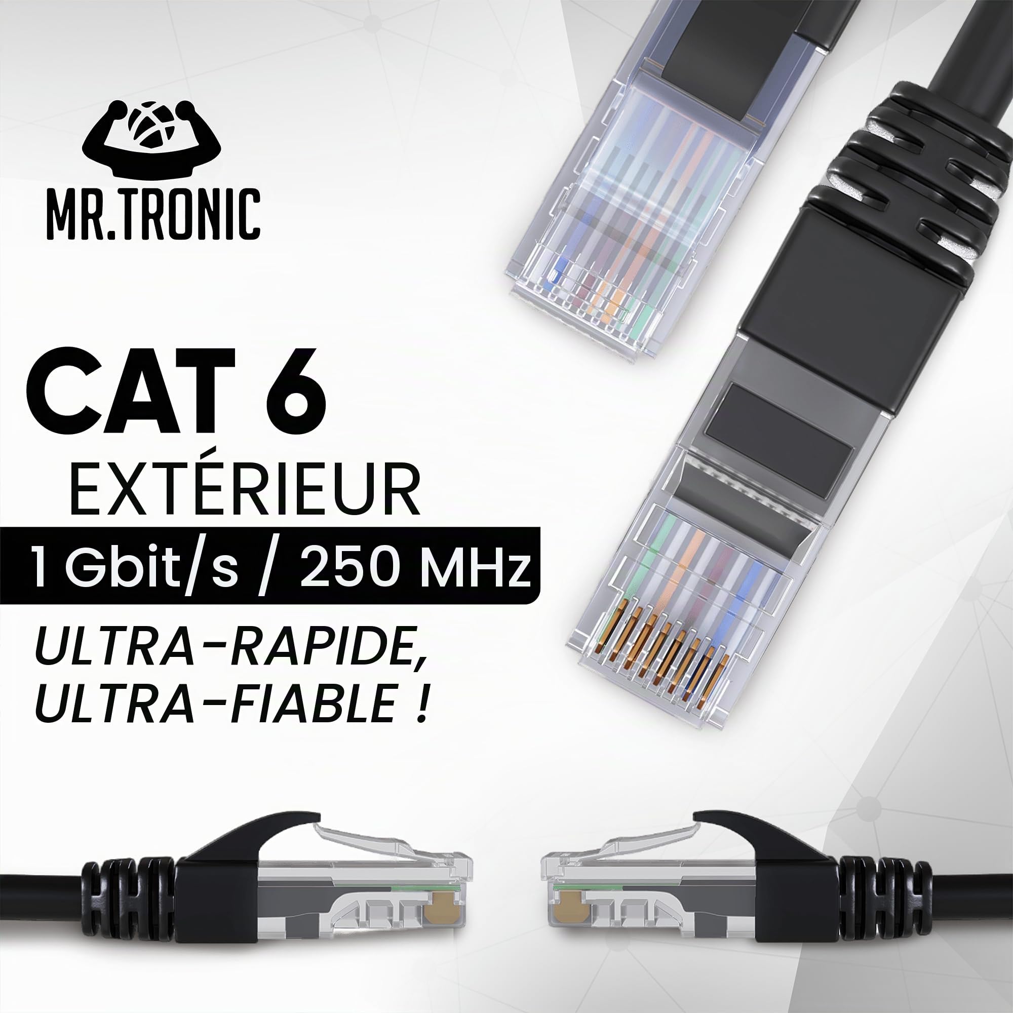 Mr. Tronic Exterieur Impermeable Câble Ethernet 100m, Reseau LAN Cat 6 Haut Debit pour Une Internet Rapide | Câble Ethernet AWG24, Cat6 RJ45 UTP CCA 1 Gbps (100 Mètres, Noir)