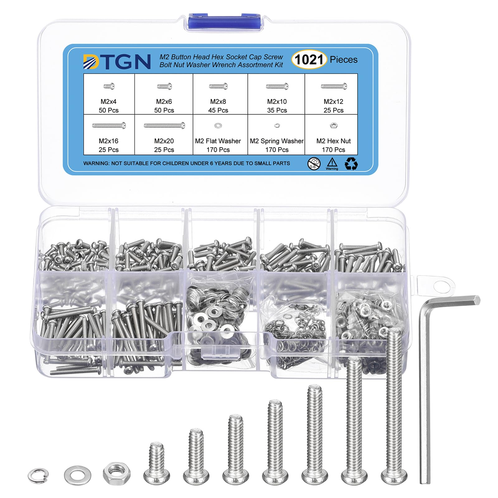 DTGN 1021Pcs M2 Button Head Hex Socket Cap Screw, 4-20mm Bolt Nut Washer Wrench Assortment Kit 304 Stainless Steel