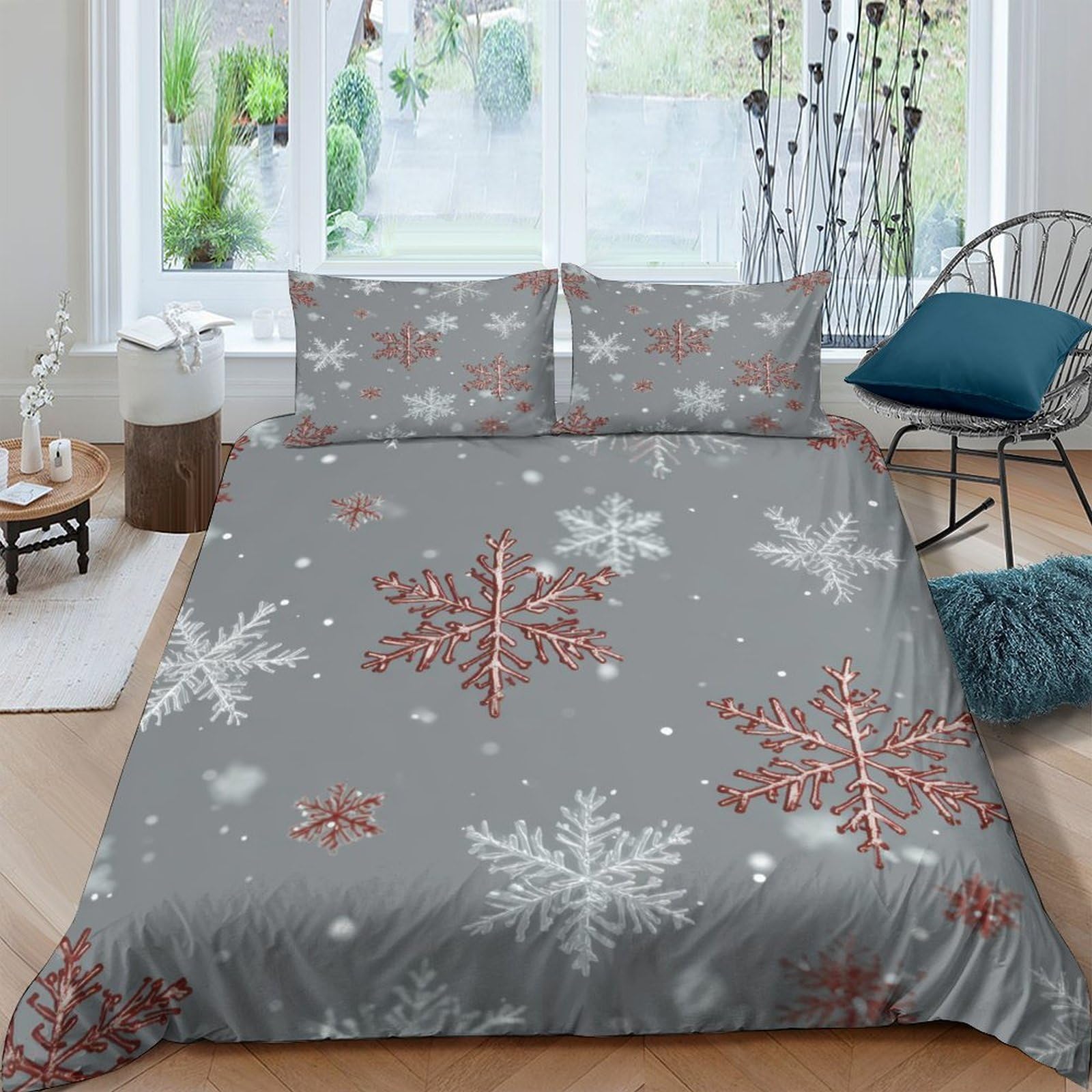 Ctjqhvkz Style-9 3D Printed Snowflake Winter Fitted Sheet Microfiber Grey Red Bed Cover For Bedroom Dorm Mattress Protection Decor Single（135X200cm）