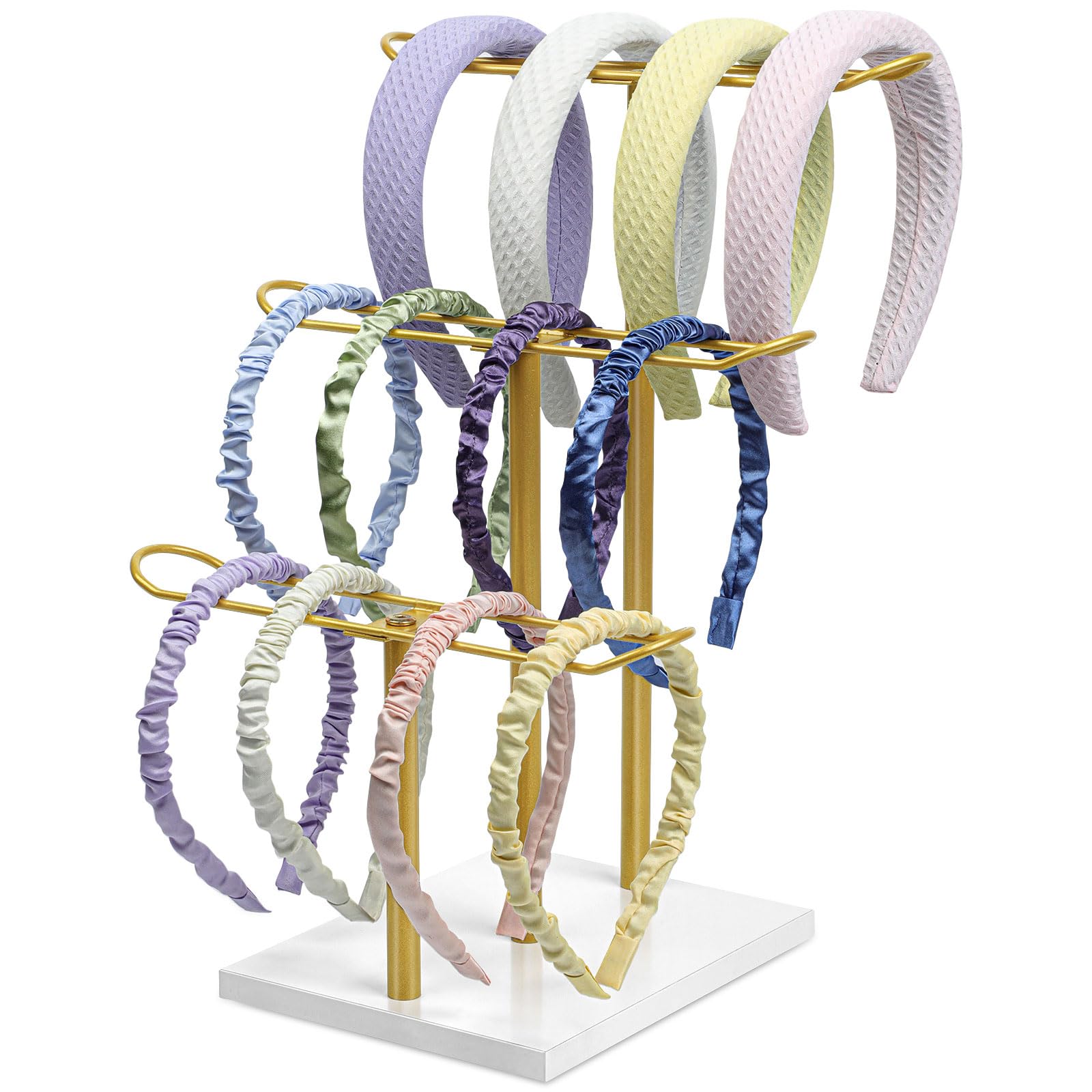 Mounting UP Headband Organizer Metal 3-Tier Hair Hoop Display Stand Headband Holder Organizer Storage Hair Ropes Accessories Bracelets Bangles Bedroom College Dorm Decor for Girls Women, Gold, UK