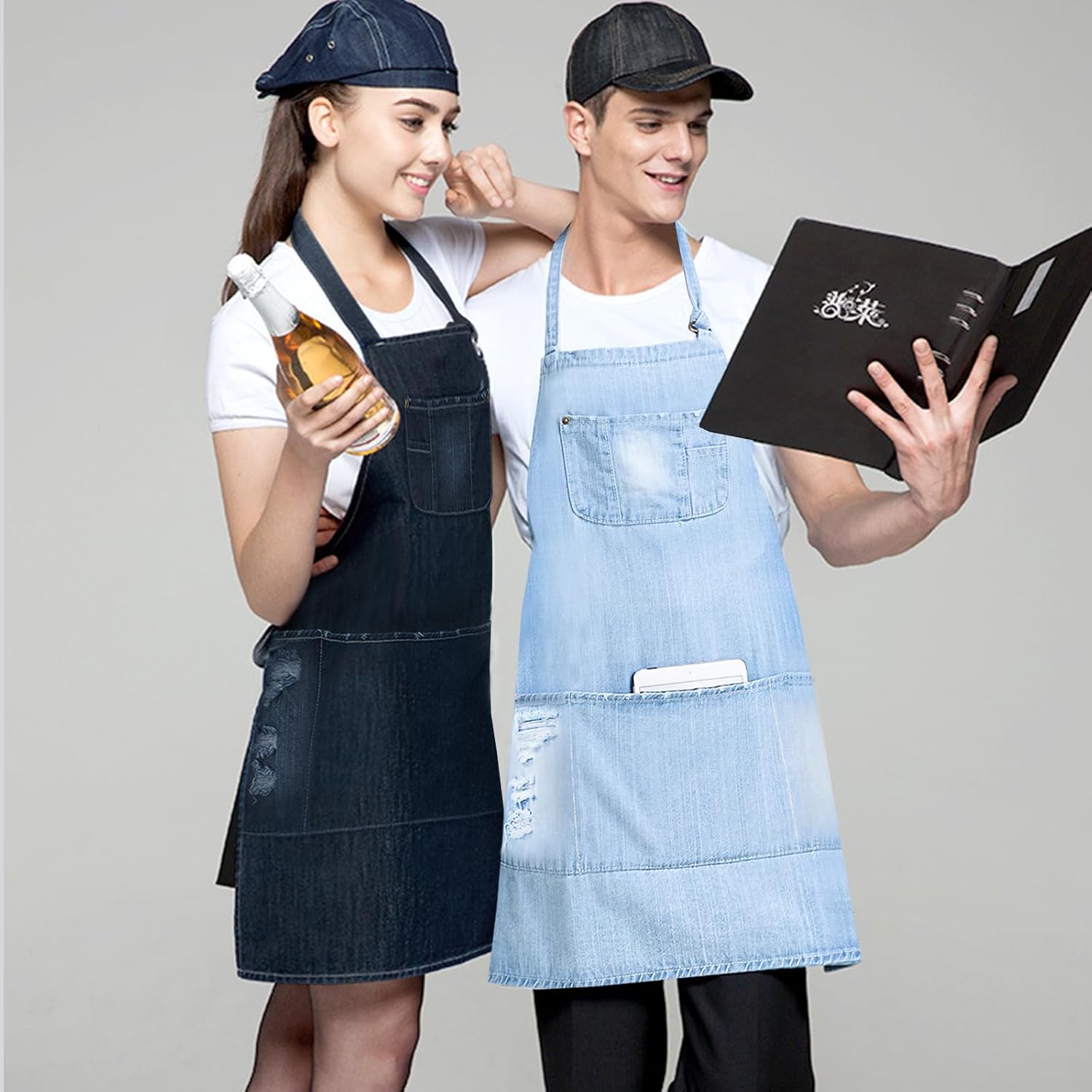 Denim Apron With 5 Pockets for Cooking Kitchens,Hairstylist Aprons for Women Men,Adjustable Bib Jean Apron for Arts Gardening Cafes Bars Work - Image 5