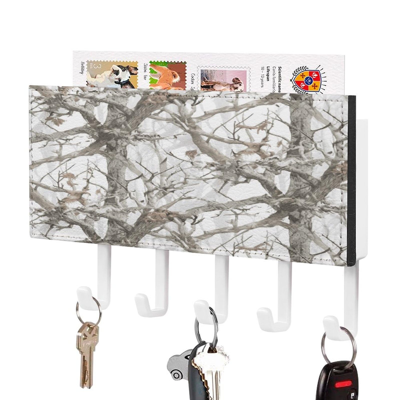 Fekiloot White-Style White Tree Camo Key Holder For Wall Decorative Mail Organizer With 5 Key Hook Self Adhesive Key Rack With Tray Coat Rack Wall Mount Key Hanger Decor For Entryway Door