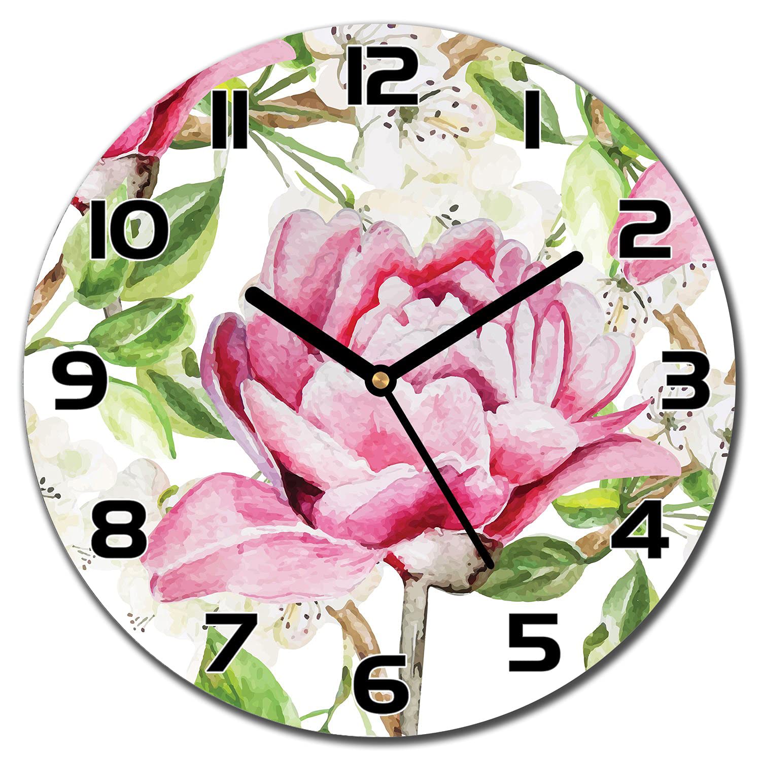 Horloge en verre murale pivoines lisible avec aiguilles noires 30 cm