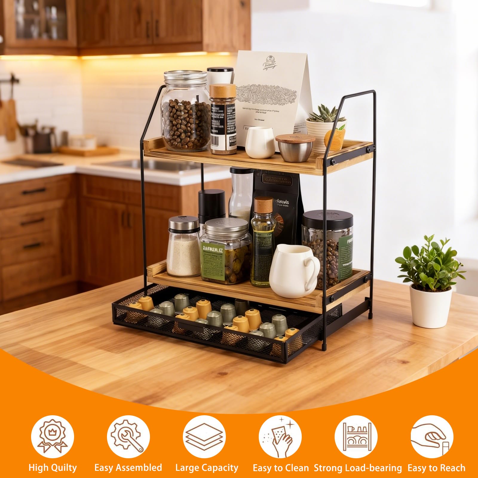 Organizador de estación de café con almacenamiento de cápsulas, organizador de estación de café de 2 niveles con soporte para cápsulas, soporte para tazas de encimera, almacenamiento de barra